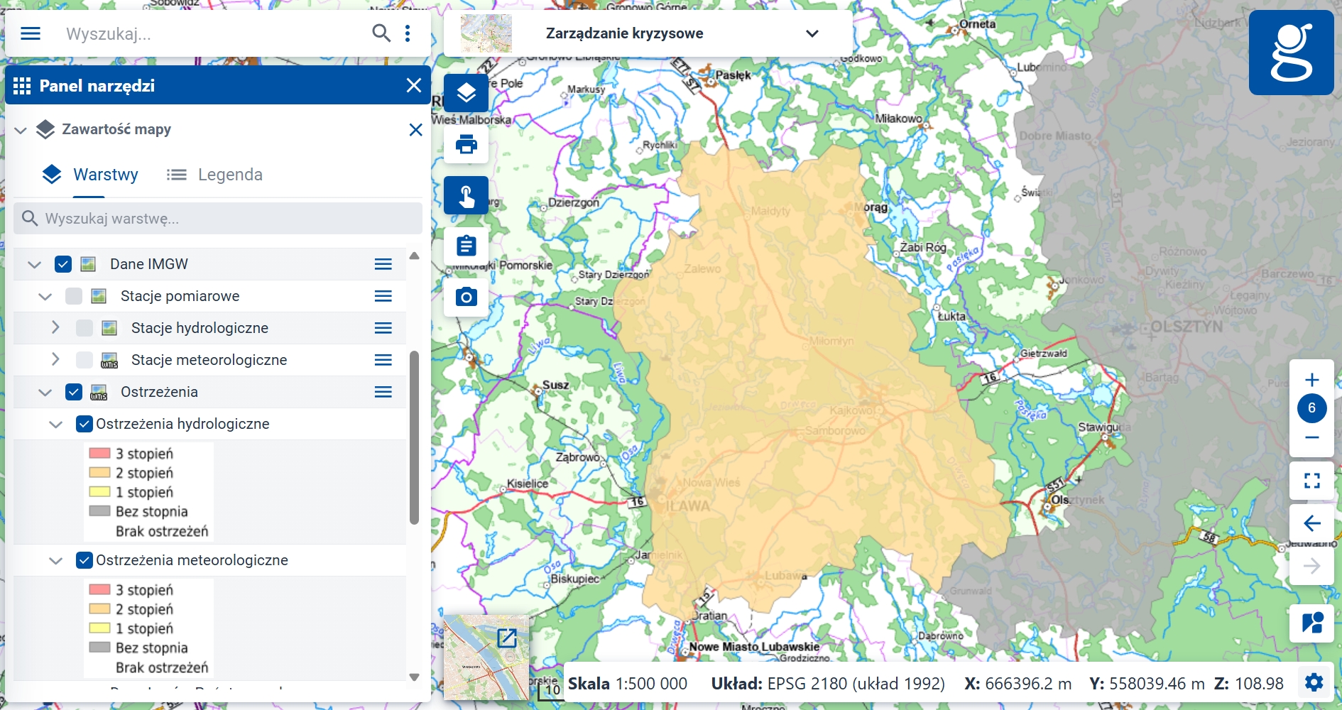 Zrzut ekranu z serwisu www.geoportal.gov.pl przedstawiający moduł Zarządzanie kryzysowe z włączoną warstwą - Dane IMGW – Ostrzeżenia – Ostrzeżenia hydrologiczne, Ostrzeżenia meteorologiczne