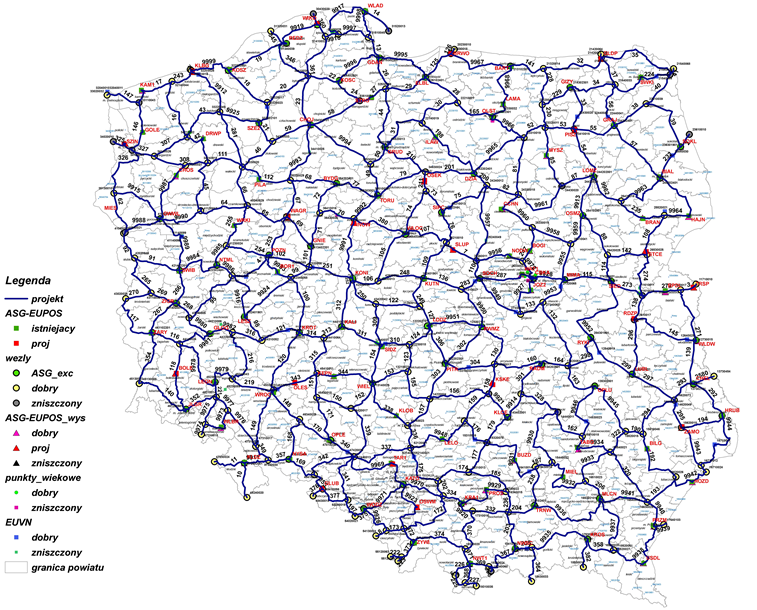 Ilustracja przedstawia mapę Polski z przebiegiem linii niwelacyjnych planowanych do pomiaru, wg prezentowanych założeń do modernizacji podstawowej osnowy geodezyjnej wysokościowej.