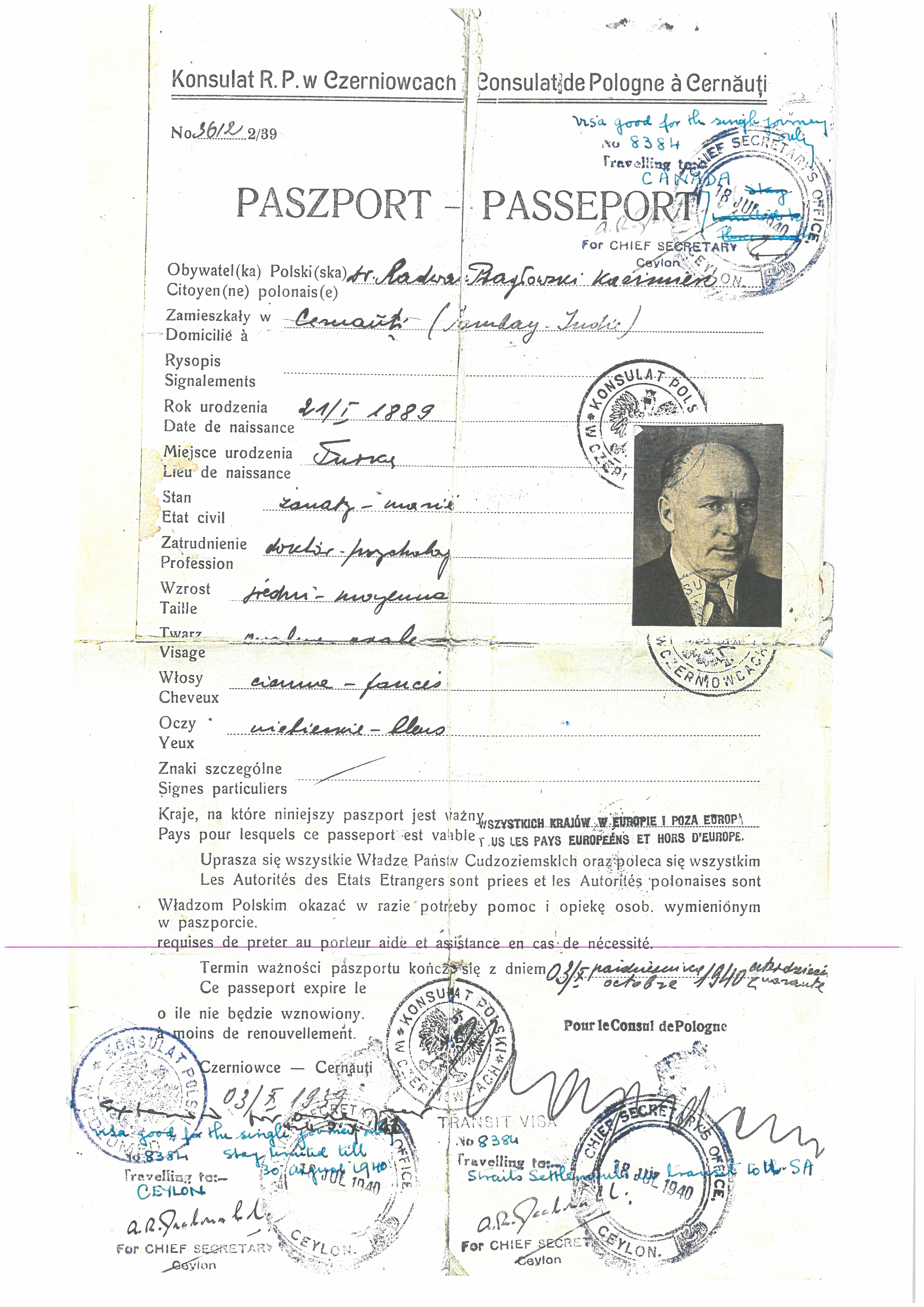 A passport issued in October 1939 at the Consulate of the Republic of Poland in Chernivtsi.