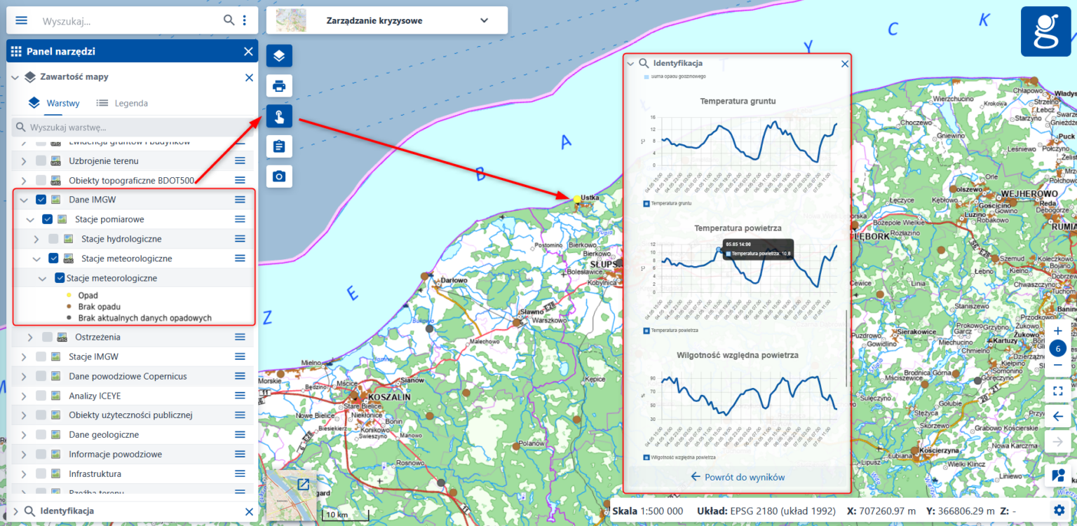 Zrzut ekranu z serwisu www.geoportal.gov.pl przedstawiający moduł Zarządzanie kryzysowe z włączoną warstwą - Dane IMGW – Stacje pomiarowe – Stacje meteorologiczne - Identyfikacja, z rozwiniętym wykresem temperatura gruntu, temperatura powietrza, wilgotność względna powietrza