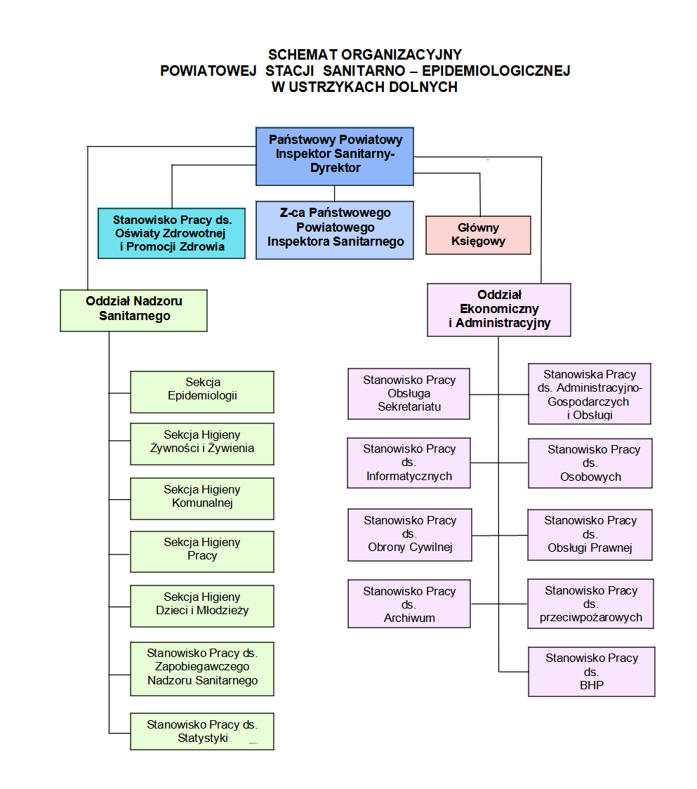 Schemat organizacyjny. PPIS podlegają: zastępca PPIS, główny księgowy, st. pracy ds. oświaty zdrowotnej i promocji zdrowia. st pracy ds. BHP. odział nadzoru sanitarnego a w nim: sekcja epidemiologii, sekcja żywności i żywienia, sekcja higieny komunalnej, sekcja higieny dzieci i młodzieży, st. pracy ds. zapobiegawczego nadzoru sanitarnego, st pracy ds. statystyki. odział ekonomiczny i administracyjny a w nim: st pracy ds. osobowych, st. pracy ds. obsługi prawnej. st. pracy ds. administracyjno gospodarczej i obsługi,st. pracy ds. ppoż, st. pracy ds. obrony cywilnej, st. pracy - obsługa sekretariatu.