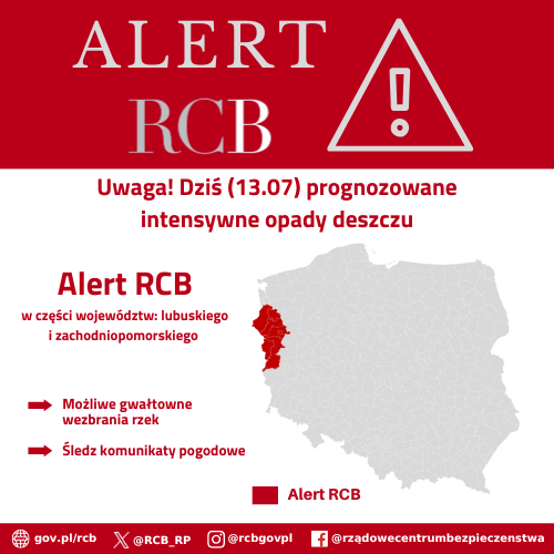 "Uwaga! Dziś (13.07) prognozowane intensywne opady deszczu. Możliwe gwałtowne wezbrania rzek. Śledź komunikaty pogodowe."