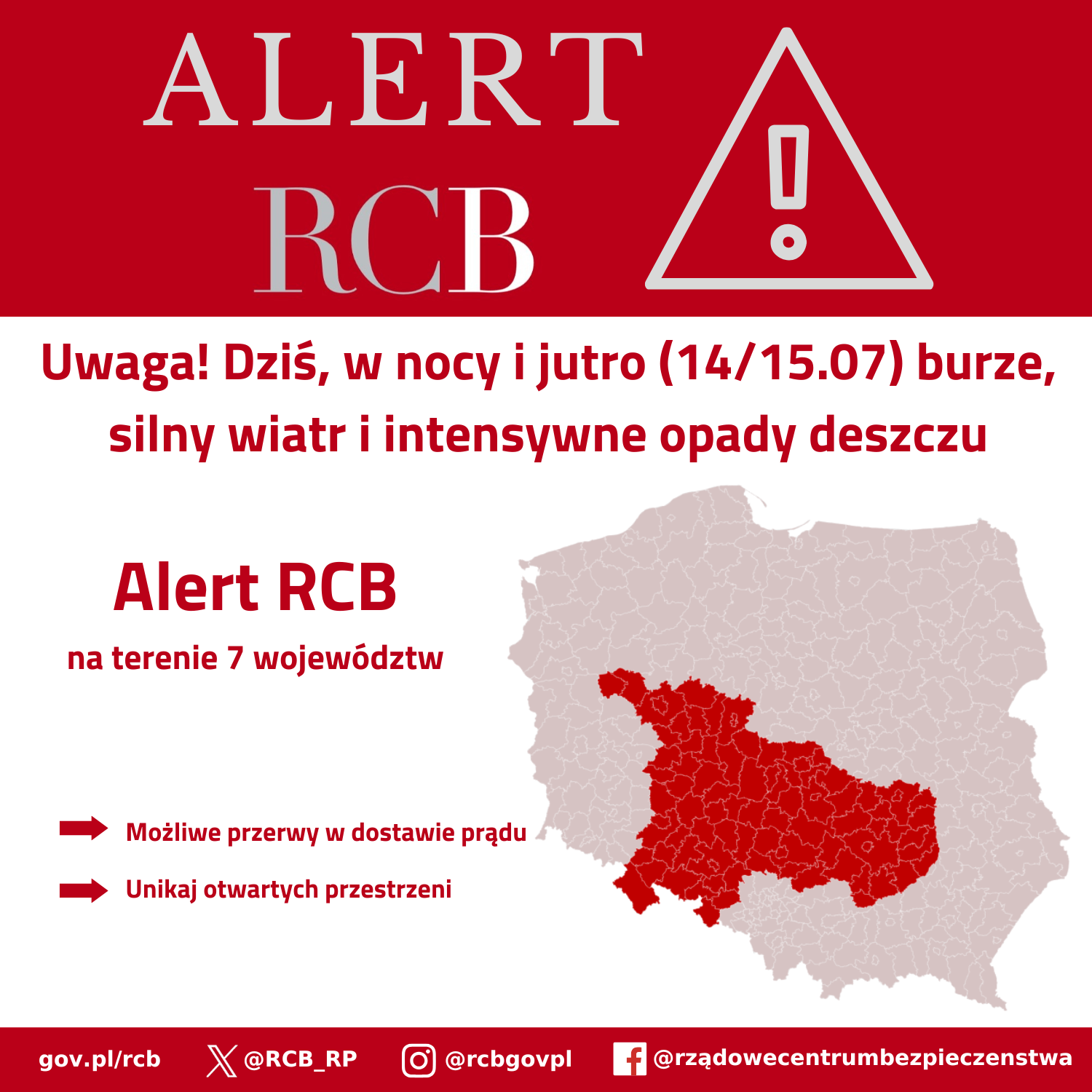 Alert RCB - 14/15 lipca - silny wiatr, intensywne opady deszczu, burze na terenie 7 województw