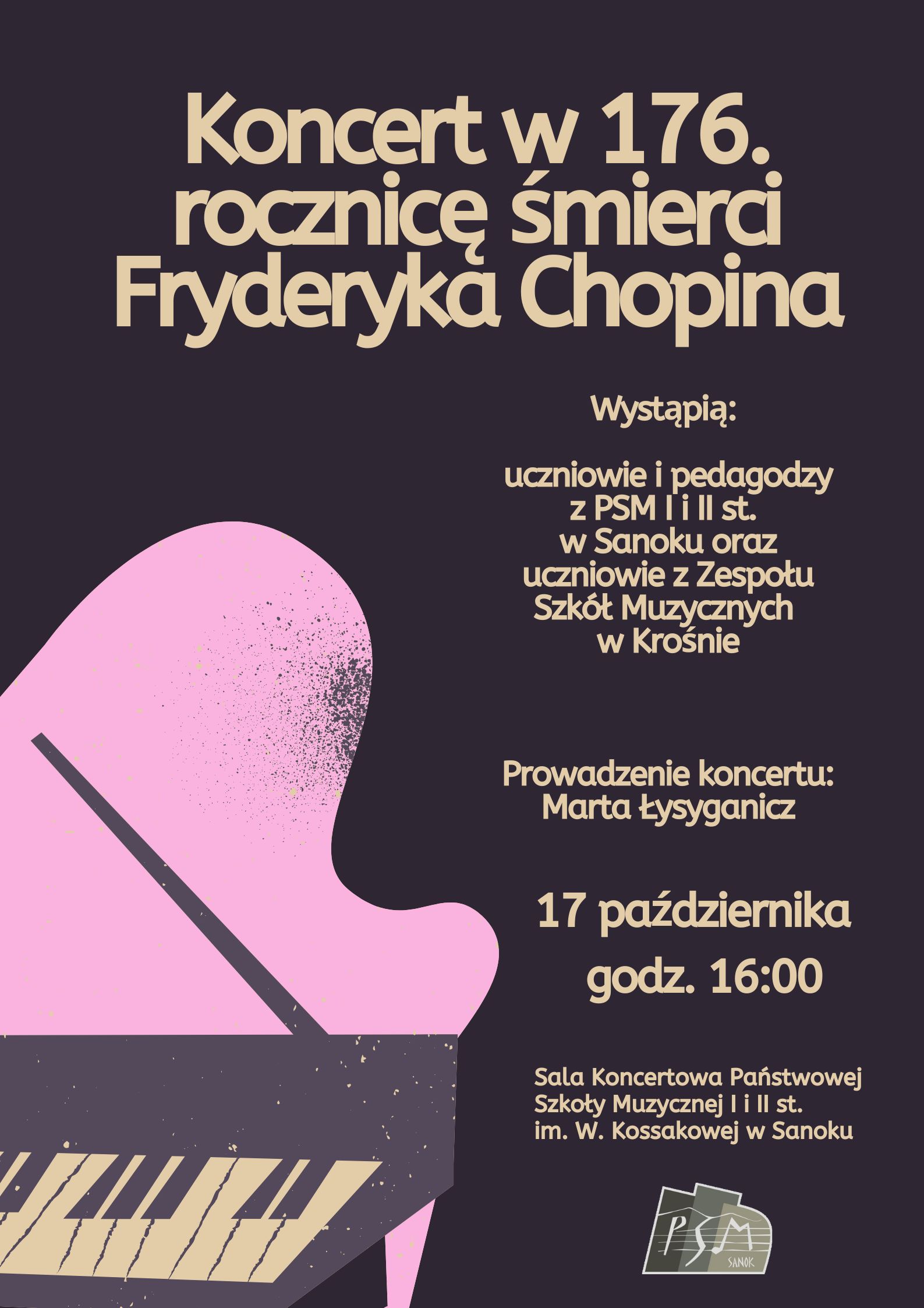 Plakat - Koncert w 176. rocznicę śmierci Fryderyka Chopina. ciemne tło, żółte litery, fortepian i logo szkoły