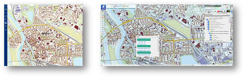 Ilustracja przedstawia zaktualizowany zbiór danych BDOT10k dla powiatu miasto Opole w Portalu BDOT10k oraz w usłudze Baza Danych Obiektów Topograficznych.