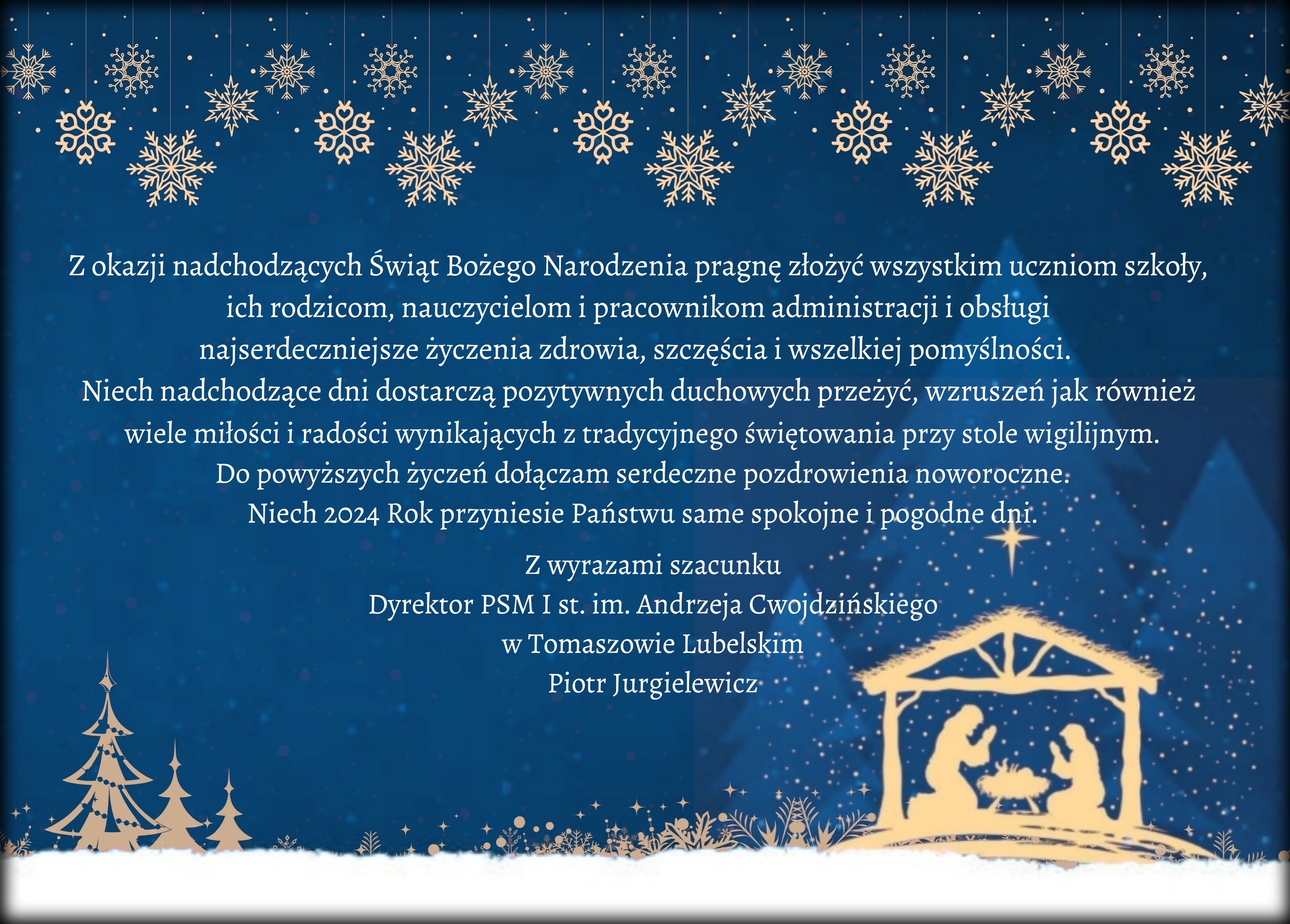 plakat przedstawia szopkę bożonarodzeniową w kolorze pomarańczowo-żółtym z prawej strony, otoczonej płatkami śniegu, w oddali choinki, całość utrzymana w zimowym nastroju, całość ma tło niebieskie, od góry wiszące gwiazdki oraz życzenia świąteczne