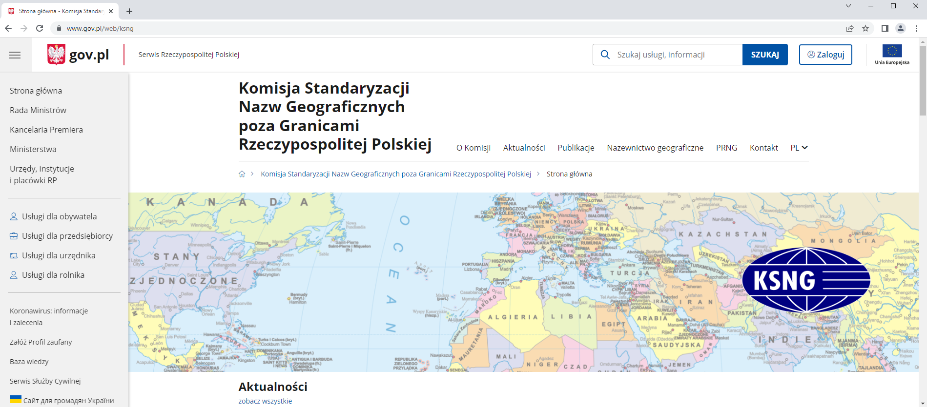 Ilustracja przedstawiająca zrzut ekranu ze strony internetowej Komisji Standaryzacji Nazw Geograficznych poza Granicami Rzeczypospolitej Polskiej.