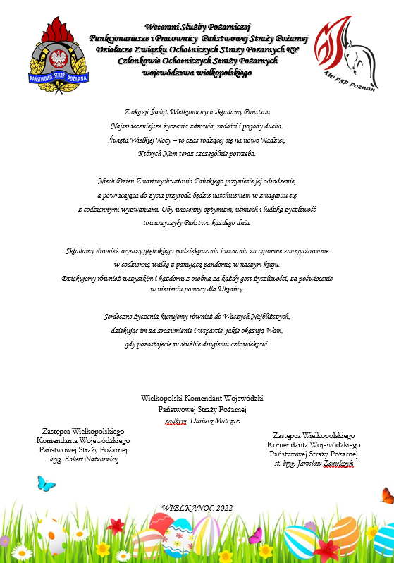 ŻYCZENIA WIELKANOCNE WIELKOPOLSKIEGO KOMENDANTA WOJEWÓDZKIEGO PSP