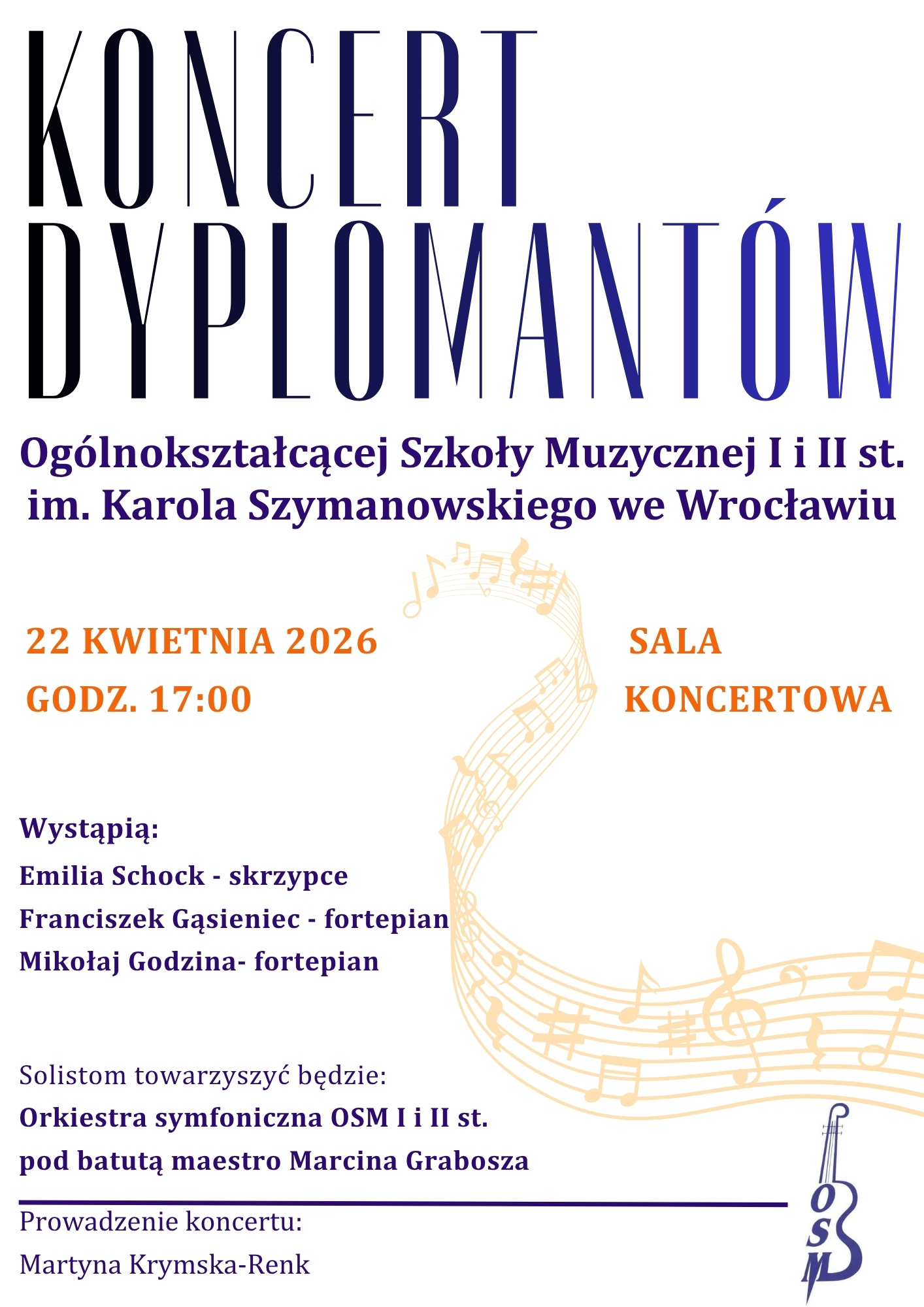 plakat zapowiadający Koncert Dyplomantów. Zawiera element graficzny: pięciolinię z nutami oraz logo szkoły i tytuł koncertu