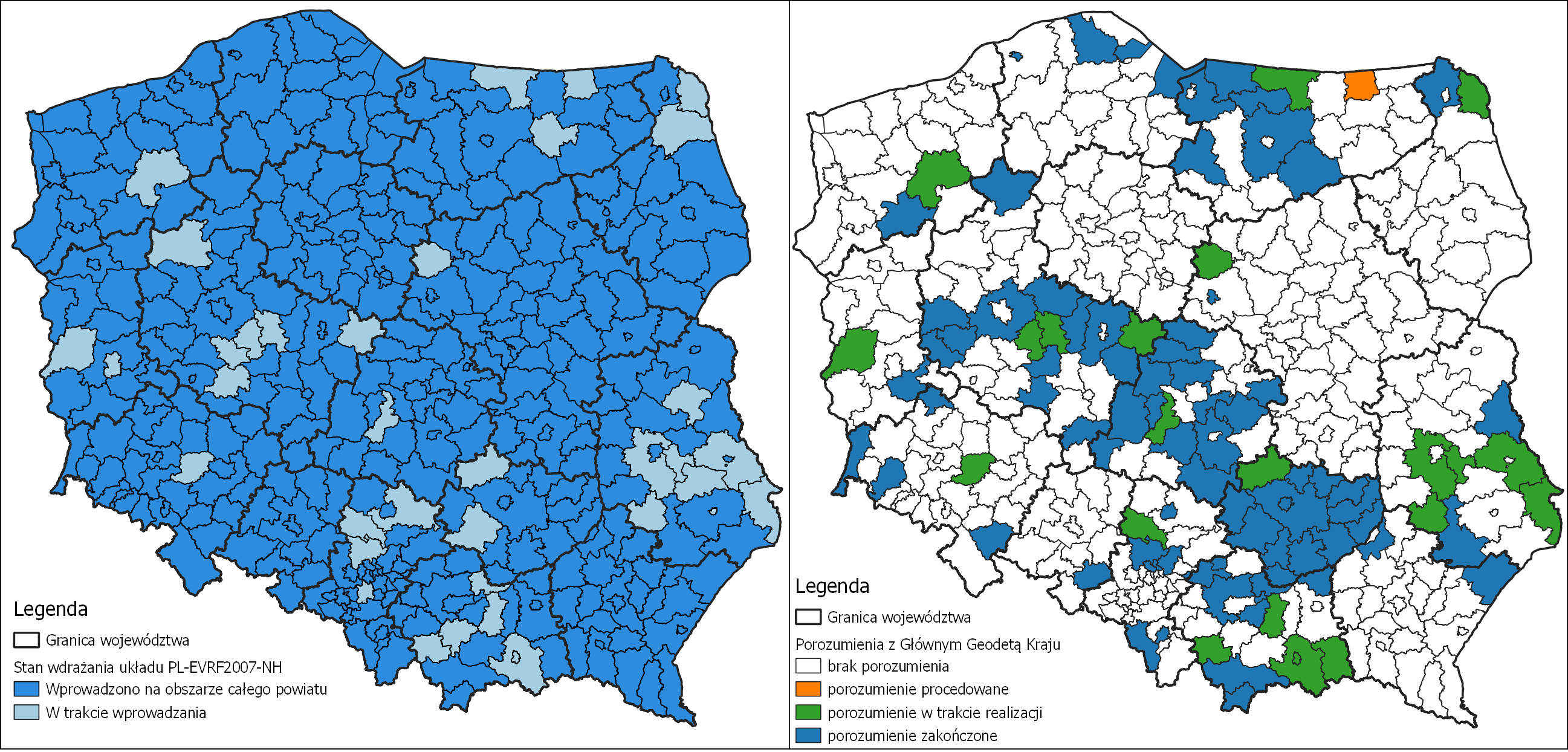Ilustracja przedstawia zestawione obok siebie dwie mapy Polski z oznaczonym kolorystycznie: stanem wdrożenia układu PL-EVRF2007-NH w powiatach po lewej stronie i powiatami, z którymi zawarte zostało porozumienie po prawej stronie.