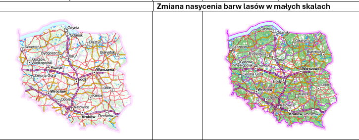 Ilustracja przedstawia przykład ze zmienionym nasycenia barw lasów w małych skalach i przykład z nasyceniem barw lasów w małych skalach przed zmianą