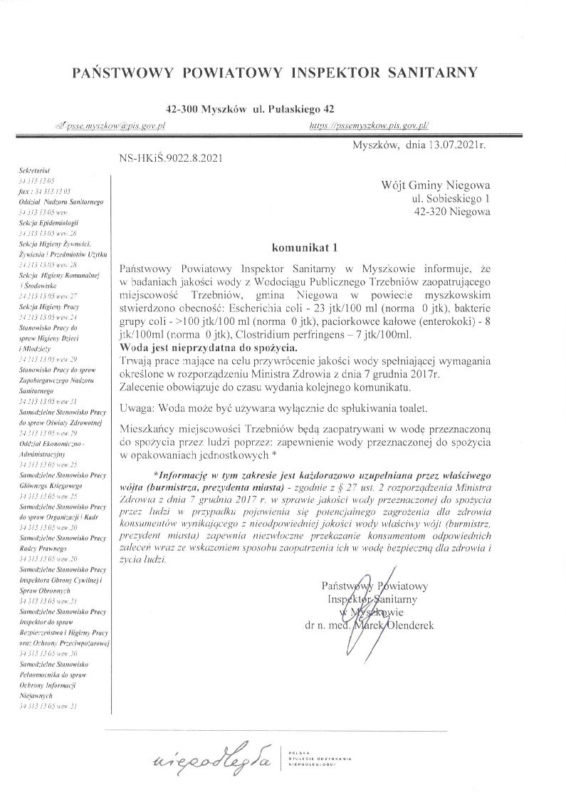 Komunikat o stanie jakość wody w Wodociągu Publicznego Trzebniów