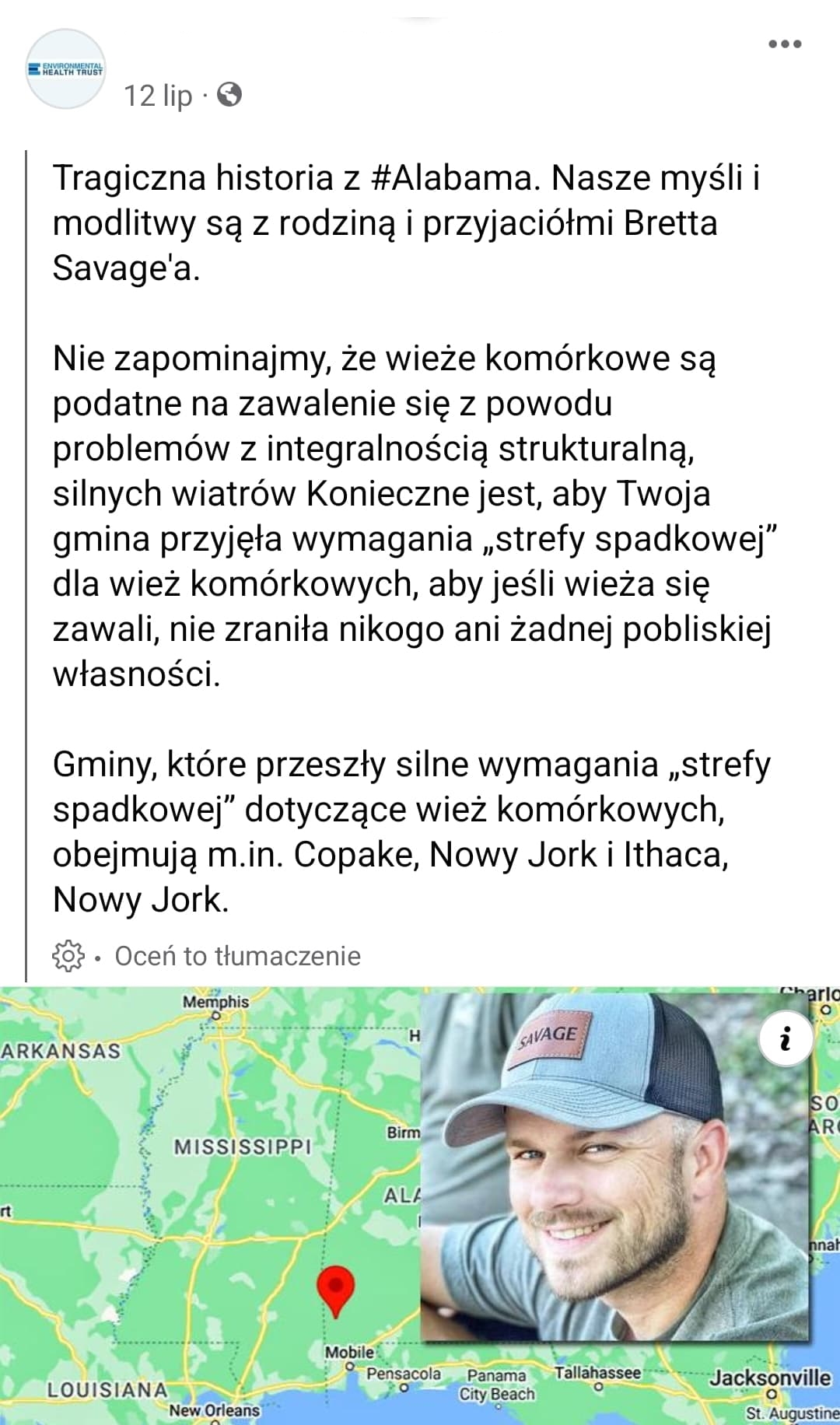 Zrzut ekranu z wpisu na Facebook'u z informacją o tragicznej śmierci mężczyzny z Alabamy. 