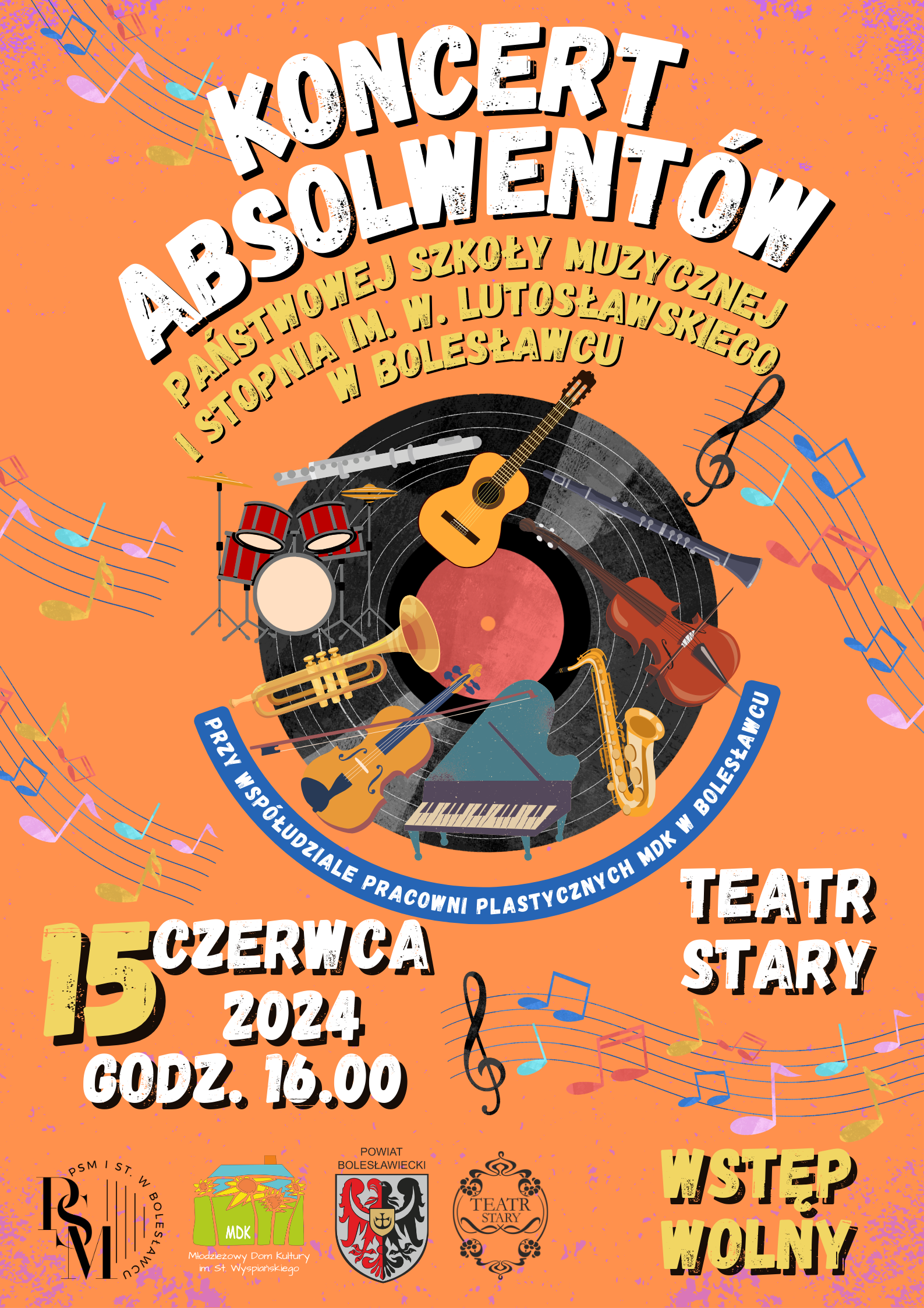 Grafika w odcieniach koloru pomarańczowego z umieszczoną centralnie płytą winylową i wkomponowaną na okręgu ikonografią skrzypiec, fletu, fortepianu, saksofonu, trąbki, klarnetu, gitary i perkusji. W tle znajdują się napisy:" Koncert Absolwentów Państwowej Szkoły Muzycznej I stopnia im. W. Lutosławskiego w Bolesławcu przy współudziale pracowni plastycznych MDK w Bolesławcu. 15 czerwca 2024 r., godz. 16.00. Teatr Stary. Wstęp wolny".
