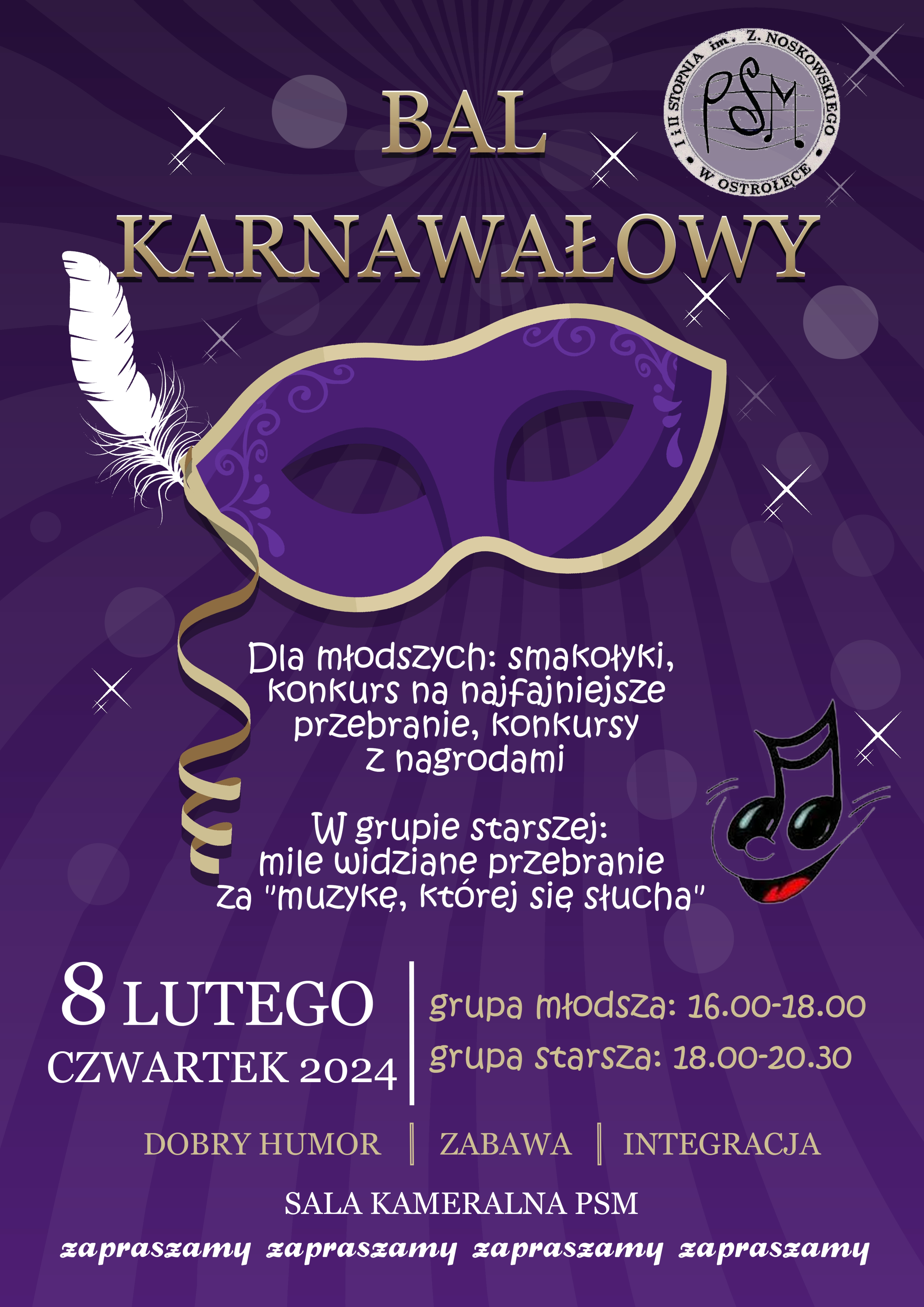 Bal karnawałowy - 8 lutego 2024 - dobry humor, zabawa, integracja. Sala kameralna PSM. Zapraszamy