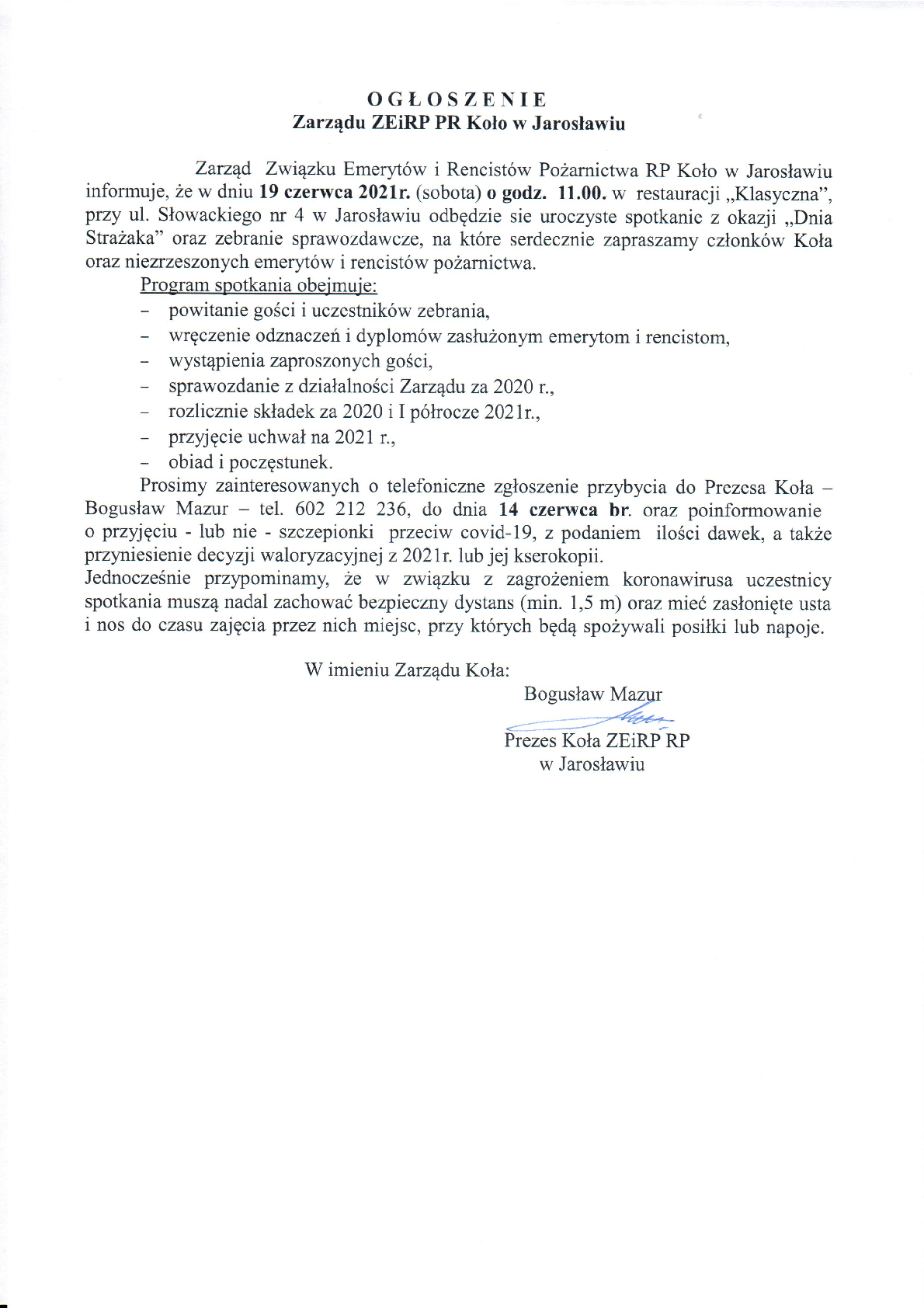 Ogłoszenie Zarządu ZEiRP RP Koło w Jarosławiu