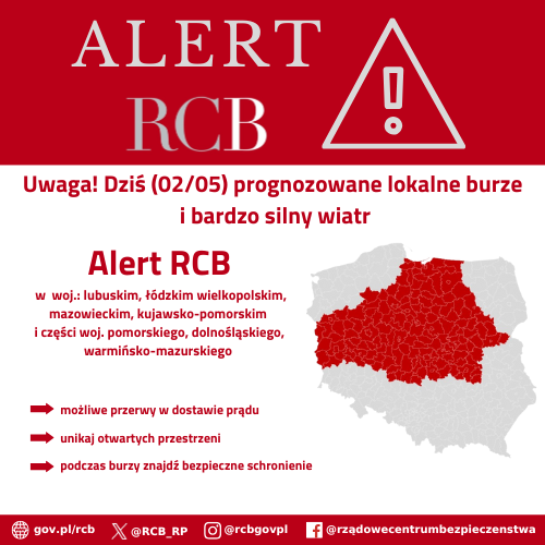 Alert RCB - lokalne burze. Kolorem czerwonym zaznaczony jest obszar alarmowania.