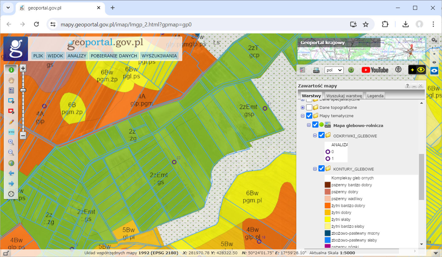 Zrzut ekranu z serwisu www.geoportal.gov.pl prezentujący usługę przeglądania WMS dot. mapy glebowo-rolniczej