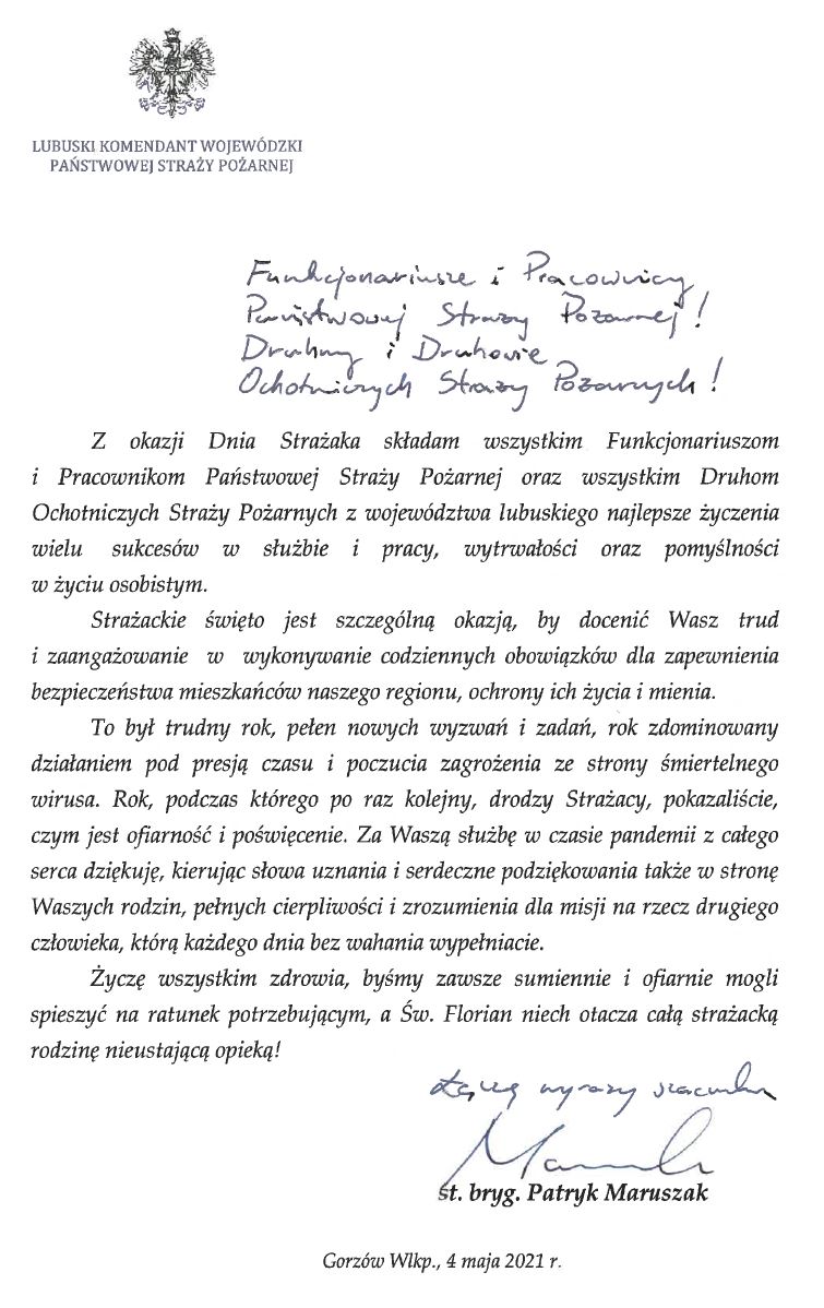 List z życzeniami z okazji Dnia Strażaka