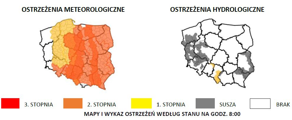 Ostrzeżenia meteorologiczne i hydrologiczne z podziałem na województwa 28 czerwca.
