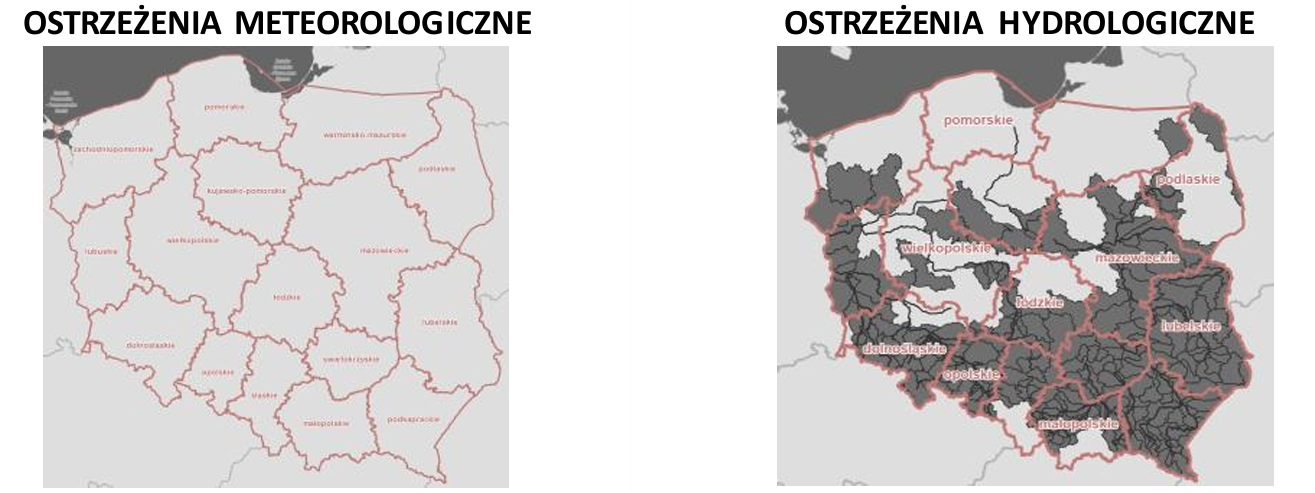 Ostrzeżenia meteorologiczne i hydrologiczne z podziałem na województwa - 3 września 2026. Kolor czerwony dla ostrzeżeń 3 stopnia, pomarańczowy dla 2 stopnia, żółty dla 1 stopnia, szary dla suszy, biały brak ostrzeżeń. 