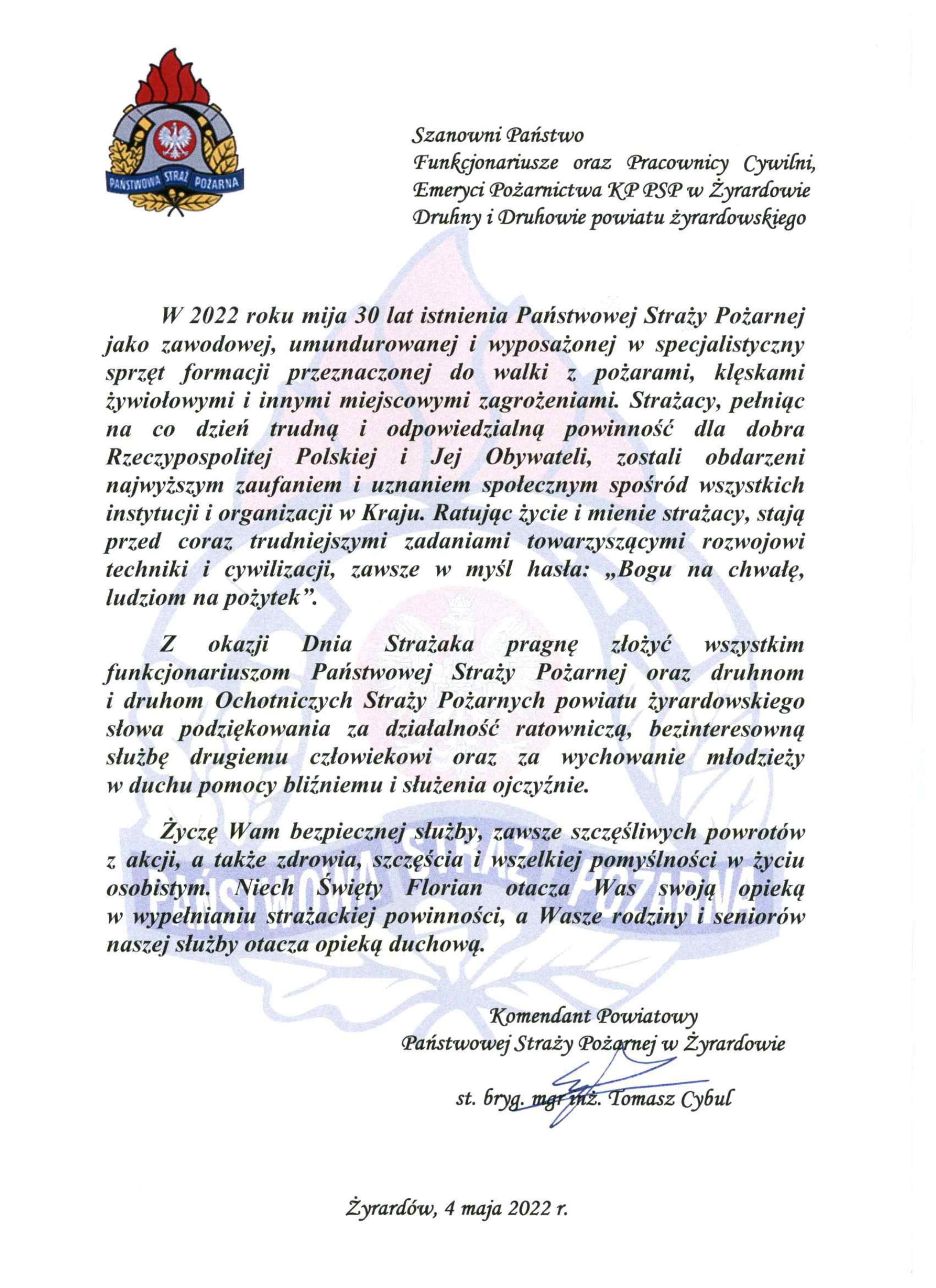 Życzenia Komendanta Powiatowego Państwowej Straży Pożarnej w Żyrardowie z okazji Dnia Strażaka
