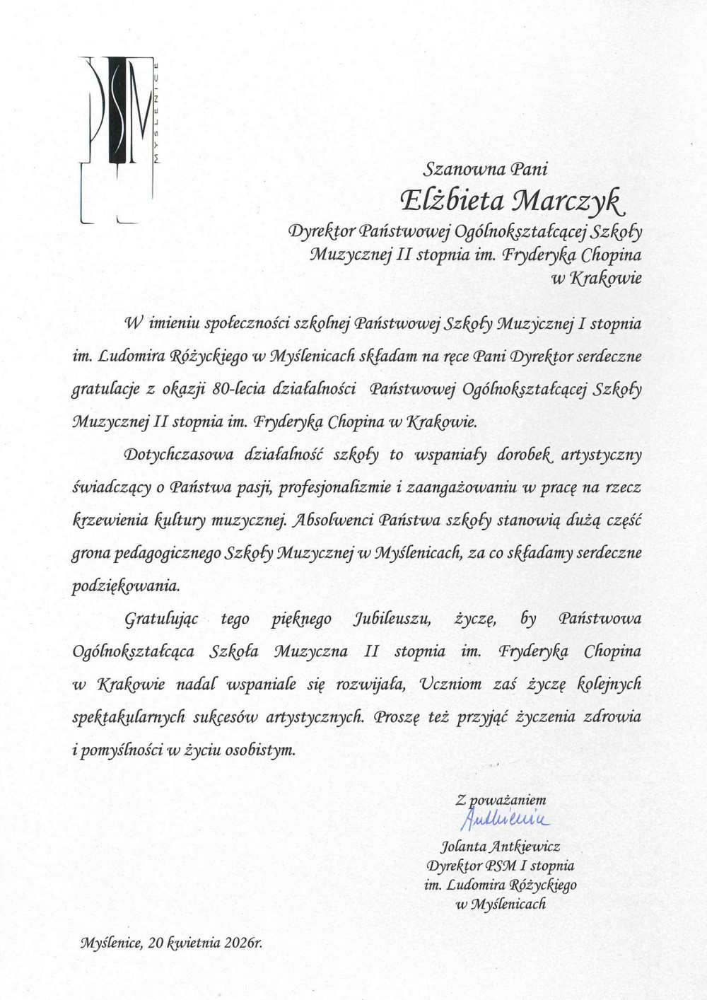 p. Jolanta Ankiewicz - dyrektor PSM I st. im. Ludomira Różyckiego w Myślenicach