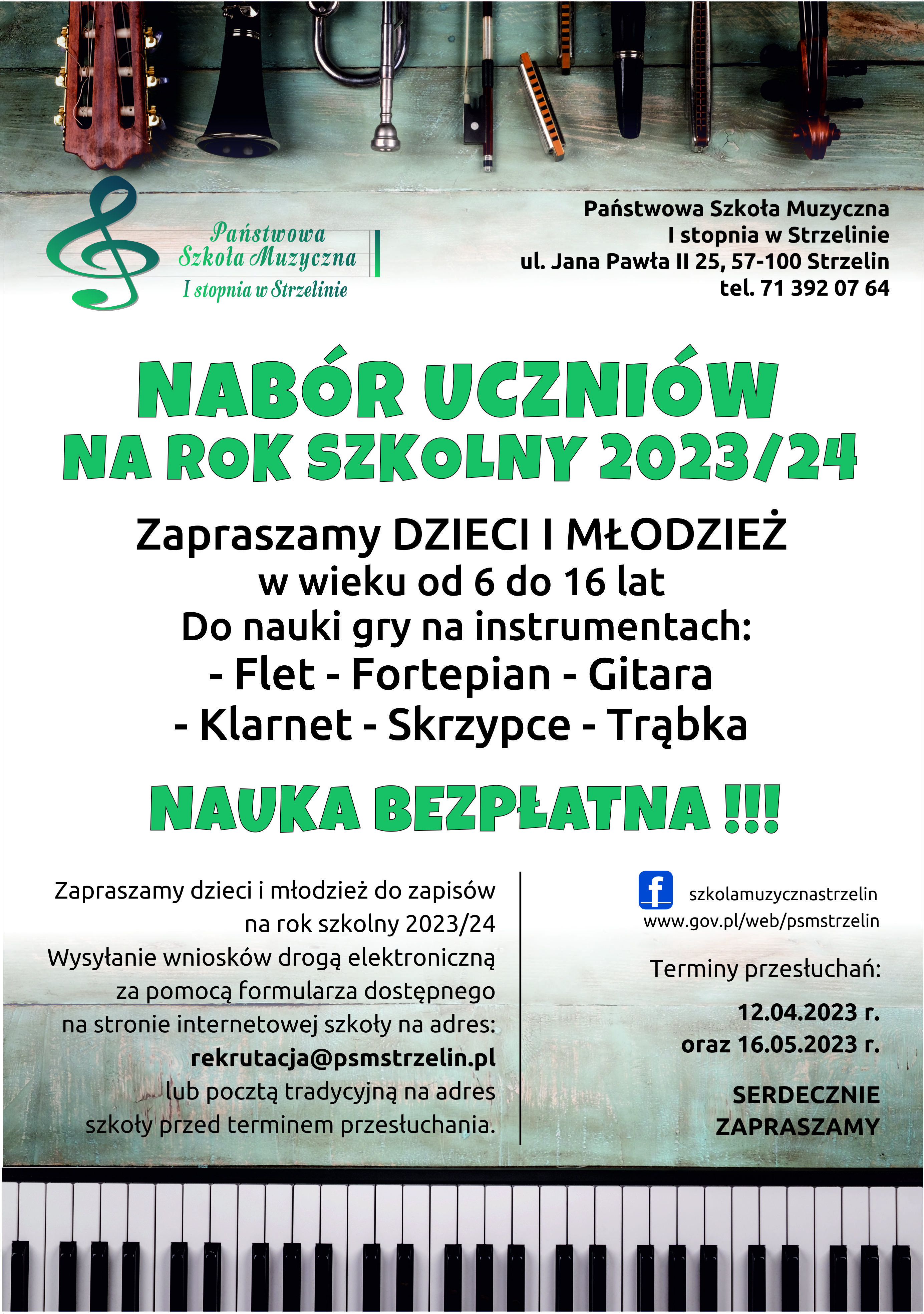 Plakat ma białe tło. Widoczne są na nim dwa kolory czcionek - czarna oraz zielona. W górnej części plakatu znajdują się główki instrumentów muzycznych, a w dolnej klawiatura fortepianu.