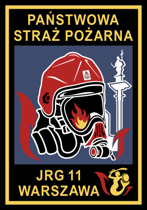 Logo w kształcie czarnej tarczy ze złotym konturem. W górnych narożnikach znajduje się flaga Polski oraz złota sylwetka Syrenki Warszawskiej. Centralną część loga tworzy popiersie strażaka w hełmie wraz z maską, w której wizjerze odbijają się czerwone płomienie. W tle Kolumna Zygmunta koloru białego. Wokół jest napis Jednostka Ratowniczo-Gaśnicza 1 Warszawa.
