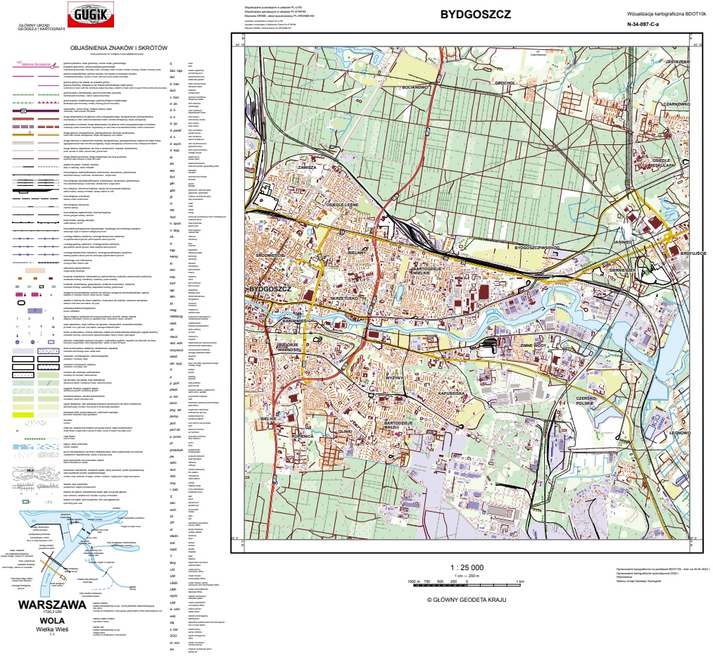 Ilustracja przedstawia przykładową wizualizację kartograficzną BDOT10k w skali 1:25000 dla miasta Bydgoszczy.