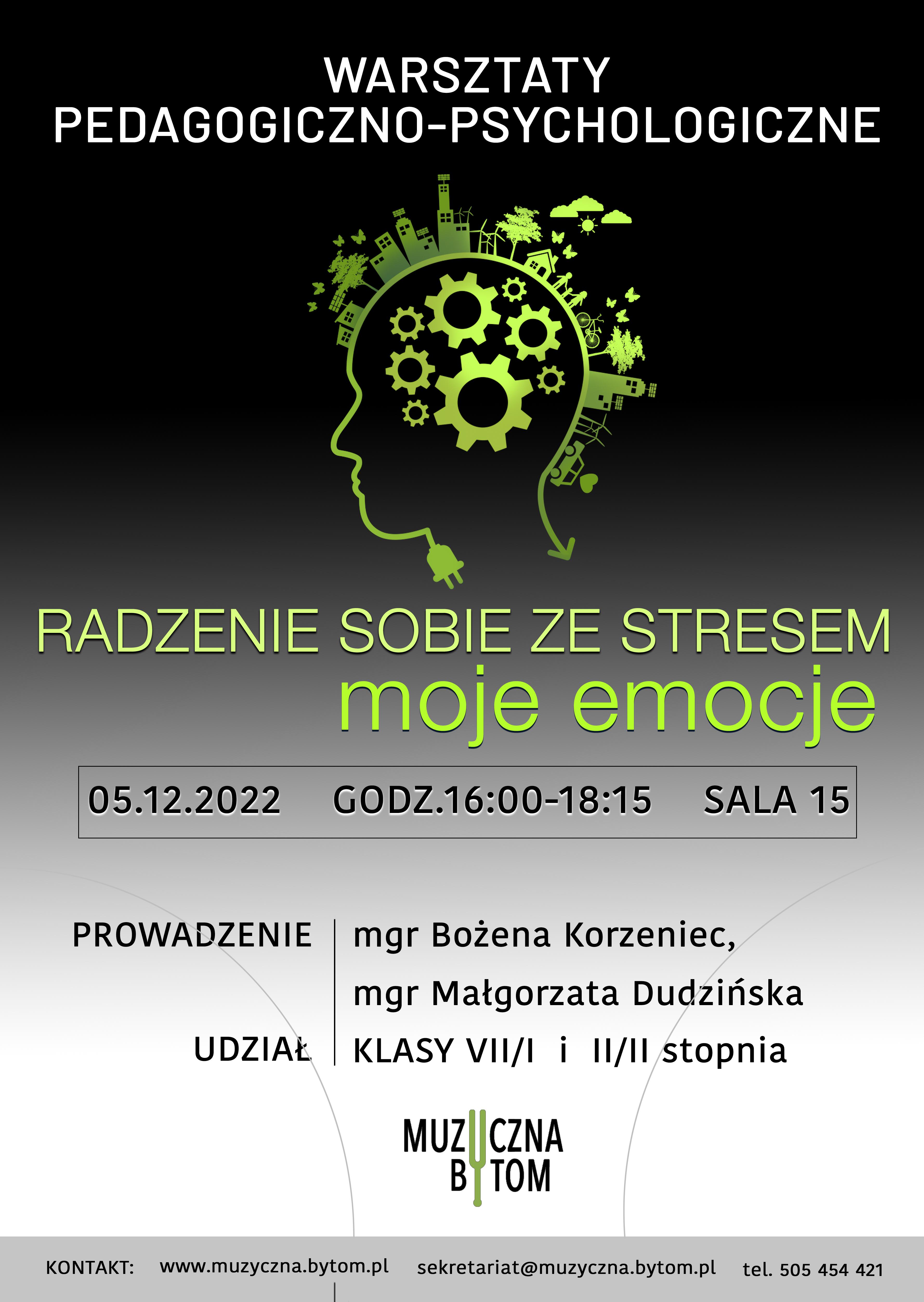 Plakat w kolorze czarnym (góra) przechodzący płynnie w jasno szary. Na górze opis wydarzenia, w części środkowej duży napis asertywność, u dołu teks opisujący kto prowadzi wykład, które klasy biorą w nim udział oraz miejsce wydarzenia. W centralnej części plakatu rysunek przedstawiający profil głowy w wypełnionej trybikami obrazującymi pracę naszego umysłu.
