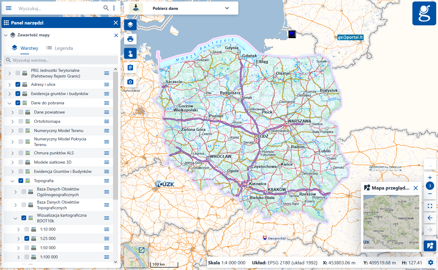 Ilustracja przedstawia zrzut ekranu modułu Pobierze dane serwisu geoportal.gov.pl