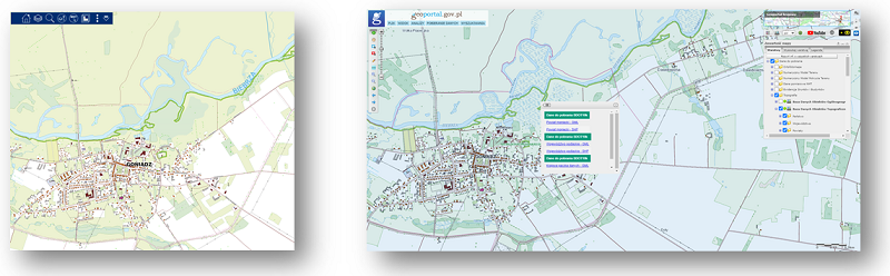 Ilustracja przedstawia zaktualizowany zbiór danych BDOT10k dla fragmentu powiatu monieckiego w PortaluBDOT10k oraz w usłudze Baza Danych Obiektów Topobraficznych w serwisie www.geoportal.gov.pl