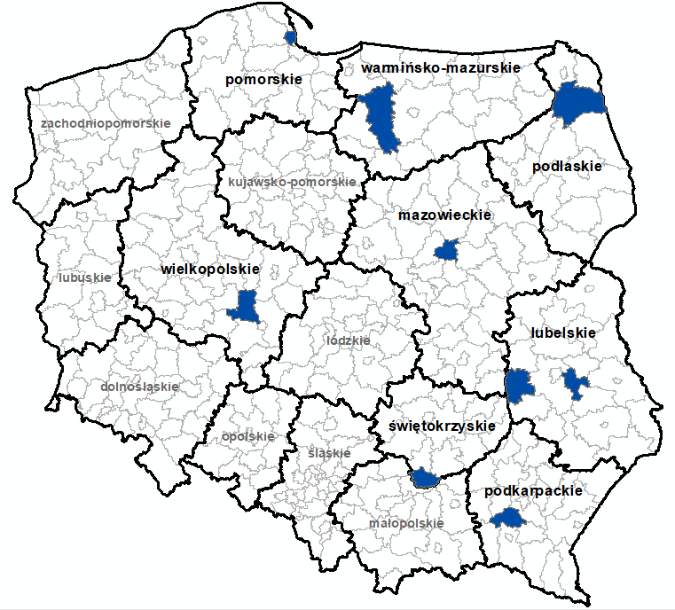 Ilustracja przedstawia obszary powiatów objętych aktualizacją zbiorów danych BDOT10k.