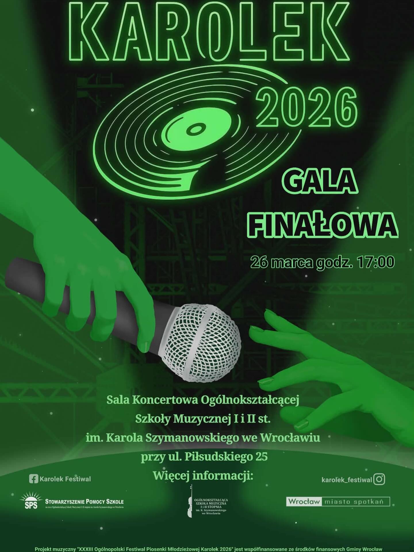 czarno-zielony plakat zapowiadający Konkurs Piosenki Młodzieżowej Karolek 2026