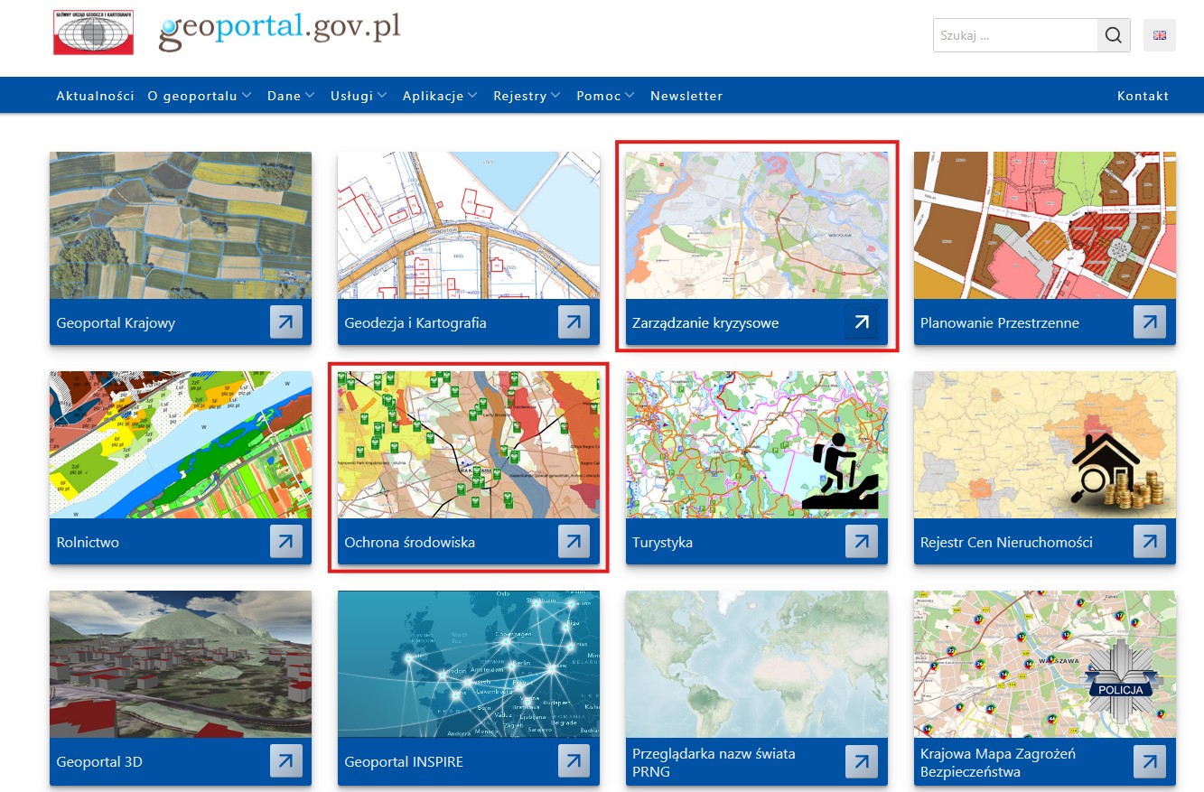 Ilustracja przedstawia stronę główną www.geoportal.gov.pl z zaznaczonym modułem "Zarządzanie kryzysowe" i "Ochrona środowiska"
