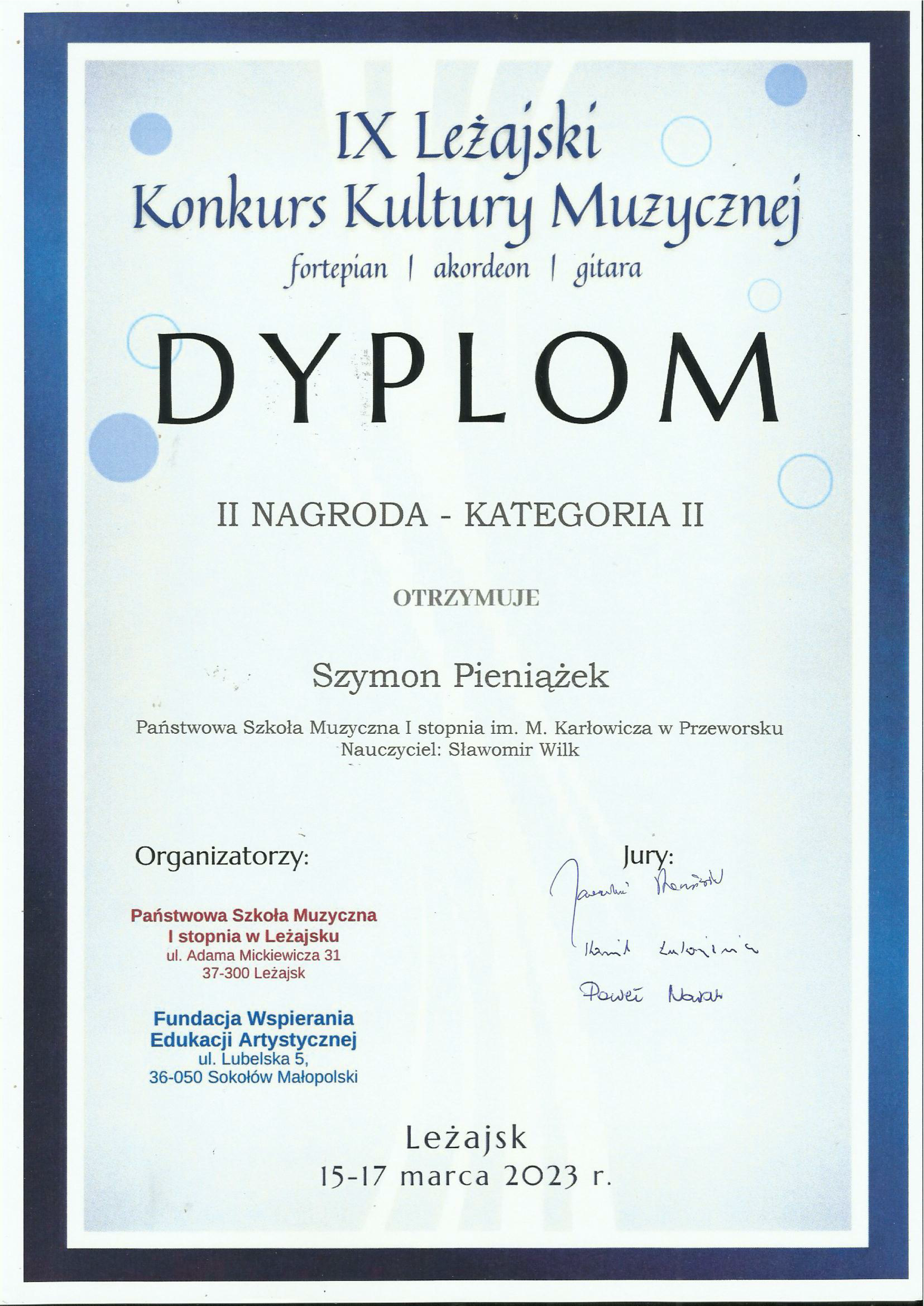 Dyplom Szymona Pieniążka za zajęcie II miejsca w kategorii II w IX Leżajskim Konkursie Kultury Muzycznej.