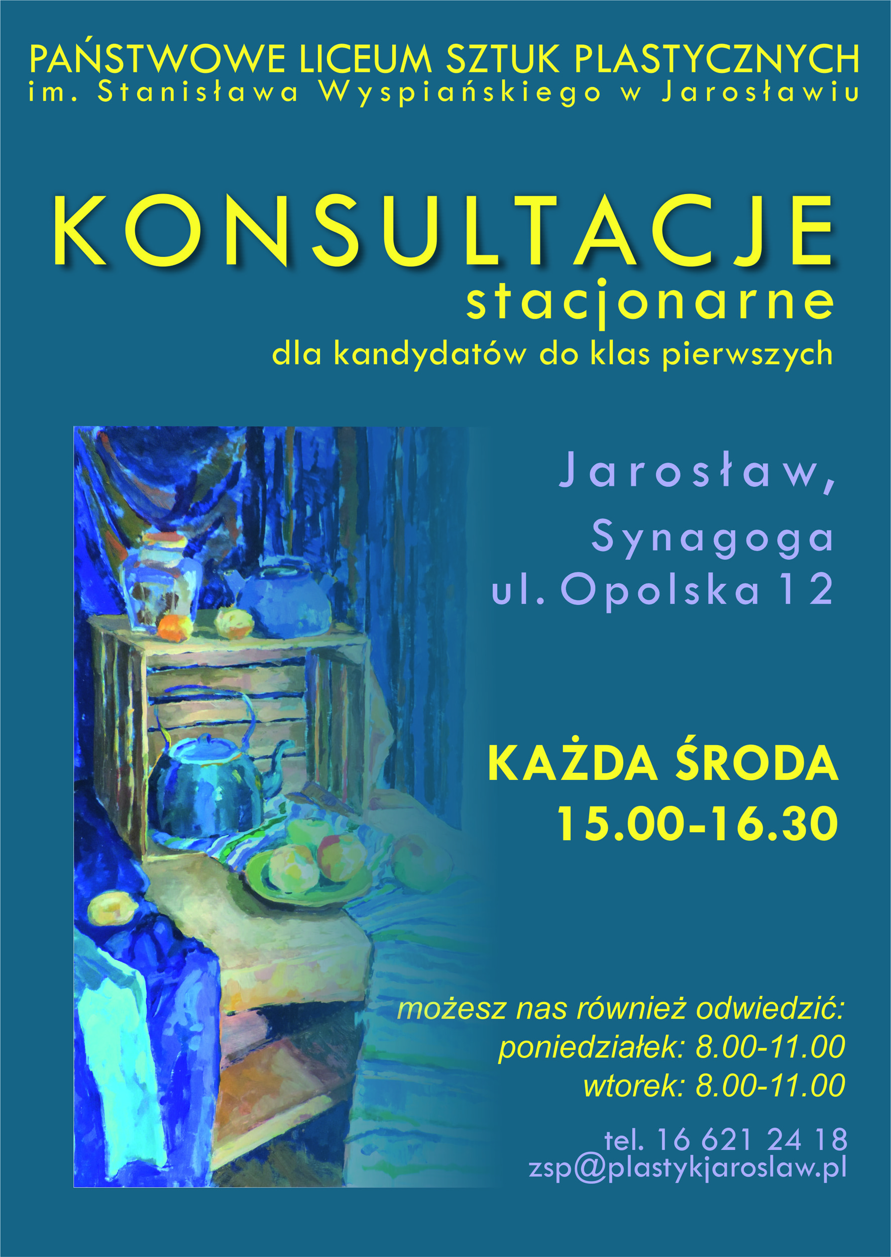 Grafika przedstawia plakat dotyczący konsultacji dla kandydatów do klas pierwszych. Plakat posiada tło w kolorze niebiesko granatowym na którym w górnej części umieszczono nazwę szkoły oraz dane dotyczące terminu i miejsca konsultacji. Po lewej stronie została umieszczona mała kolorowa grafika przedstawiająca martwą naturę w postaci jabłek na drewnianej skrzyni. Poniżej znajdują się dane adresowe szkoły. Wszystkie napisy są wykonane w kolorze żółtym.