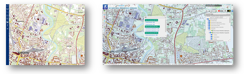 Ilustracja przedstawia zaktualizowany zbiór danych BDOT10k dla powiatu miasto Rzeszów w Portalu BDOT10k oraz w usłudze Baza Danych Obiektów Topobraficznych.