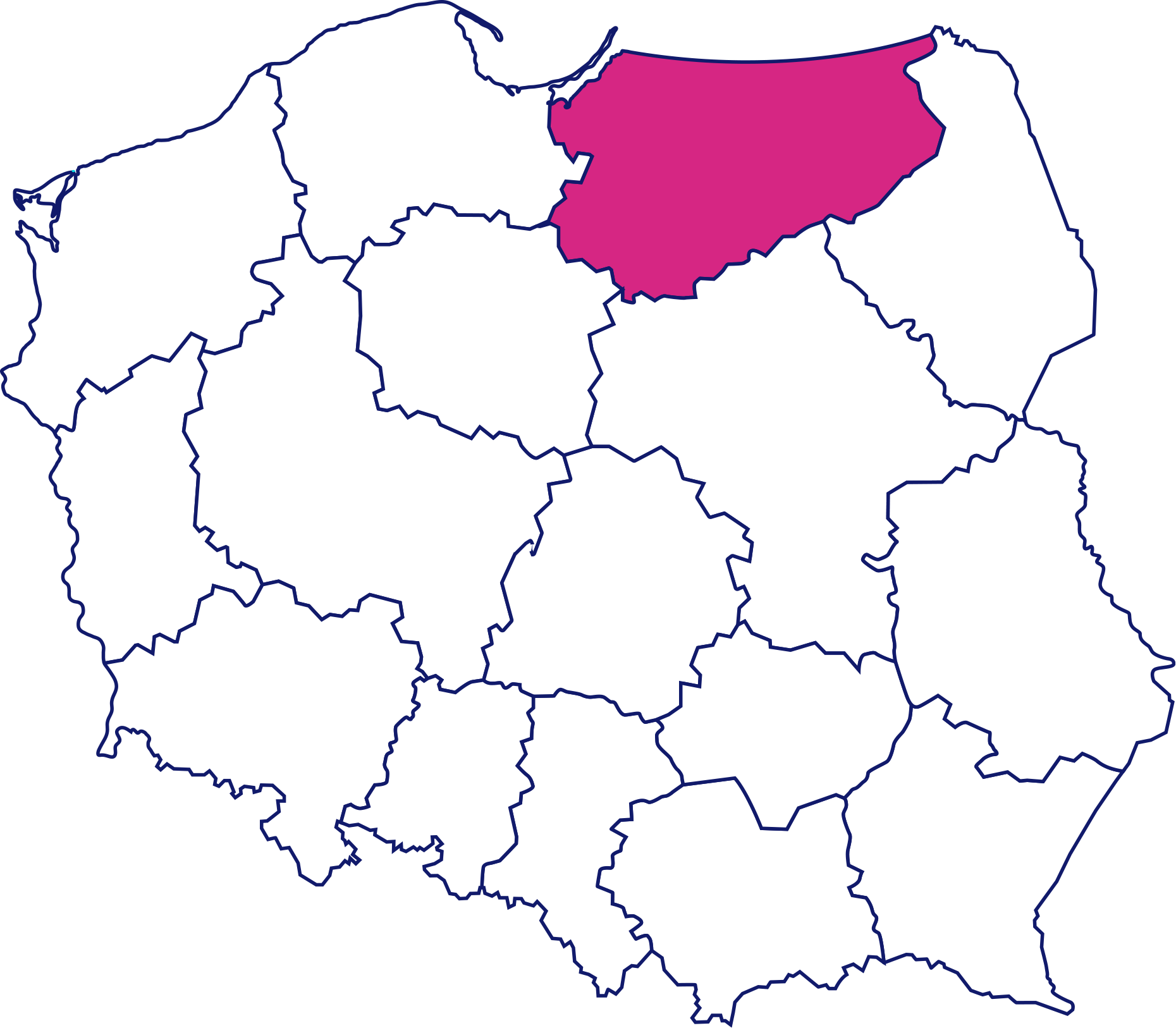 Mapa Polski z wyróżnionym województwem warmińsko-mazurskim