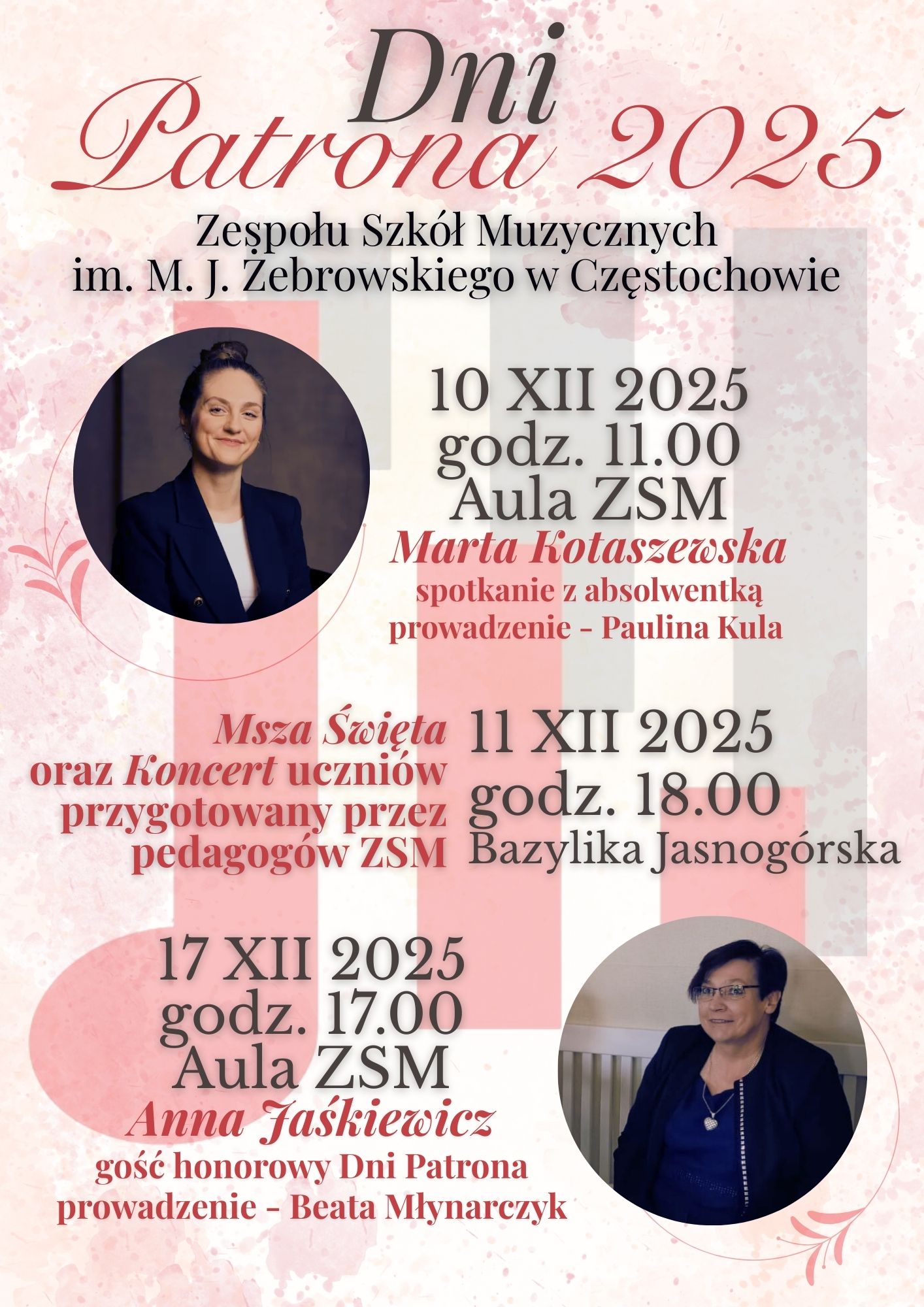 Pastelowe tło z logo szkoły, zdjęcia Marty Kotaszewskiej, Anny Jaśkiewicz, tekst dotyczący Dni Patrona 1,11 i 17 grudnia 2025 r.