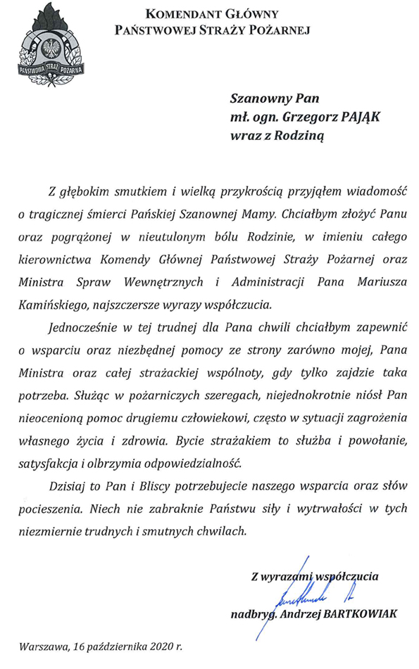 List nadbryg. Andrzeja Bartkowiaka komendanta głównego PSP