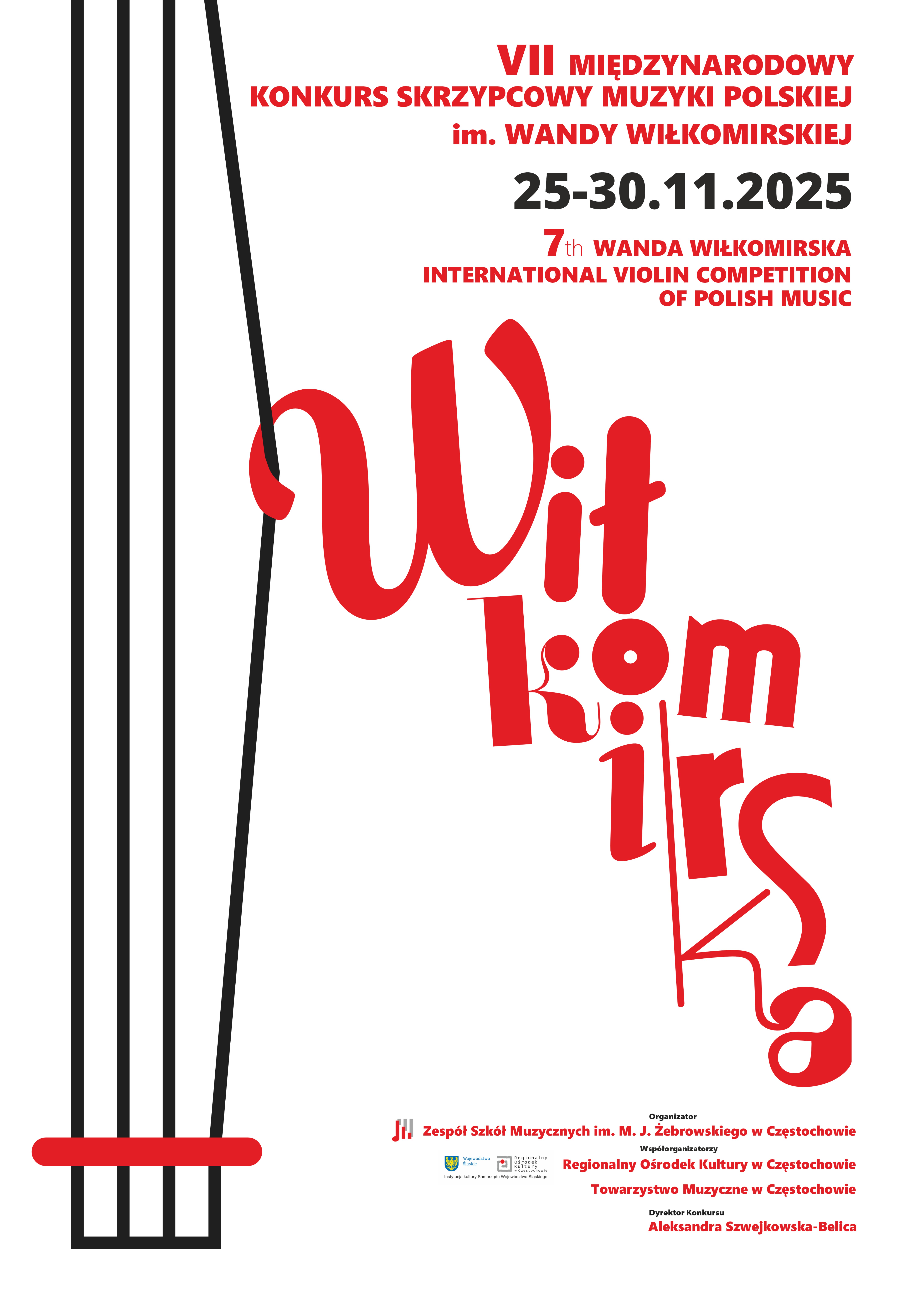 Białe tło, logo konkursu im. Wiłkomirskiej, informacje dotyczące konkursu