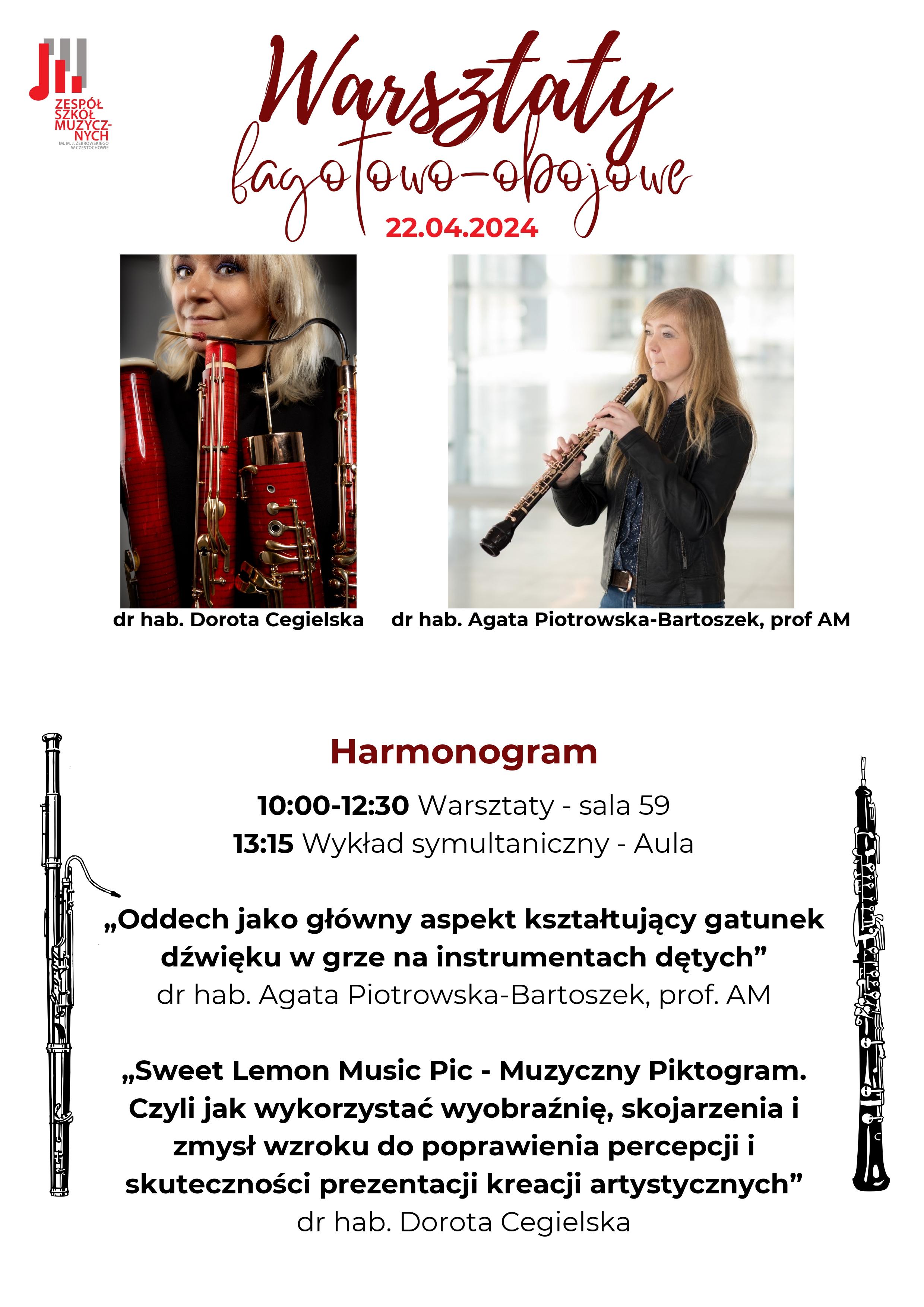 Białe tło, po lewej u góry logo szkoły, zdjęcia fagocistki i oboistki, informacje dotyczące warsztatów fagotowo - obojowych.