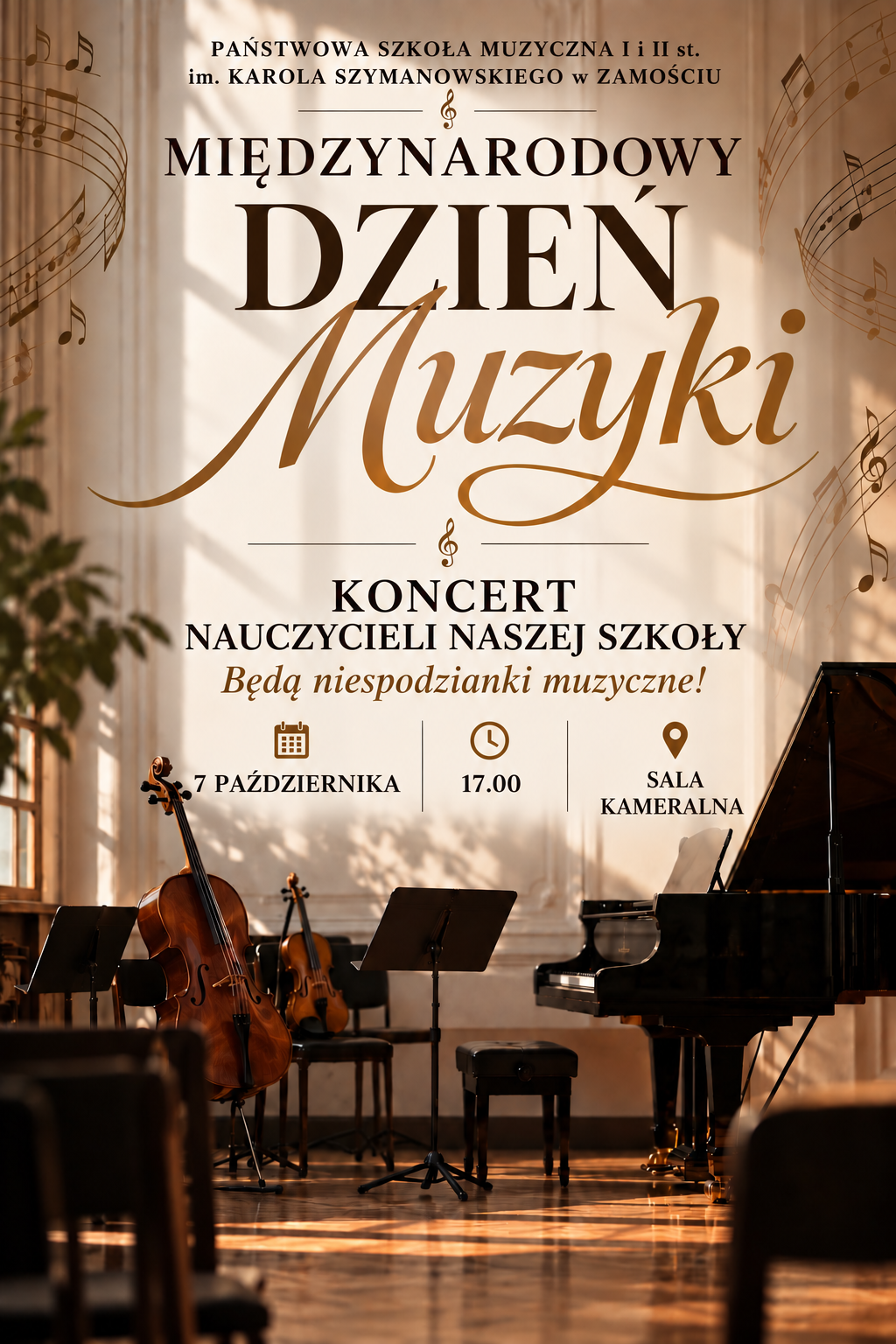 Plakat zapowiadający Międzynarodowy Dzień Muzyki przedstawia eleganckie wnętrze jasnej, klasycznej sali koncertowej ze smugami światła słonecznego padającymi na drewniany parkiet. Na pierwszym planie po prawej stronie stoi czarny fortepian skrzydłowy, a po lewej stronie widoczne są instrumenty smyczkowe – wiolonczela oraz stojące za nią skrzypce, rozstawione obok pulpitów nutowych i krzeseł. W tle i po bokach kompozycji unoszą się subtelne, graficzne motywy pięciolinii z nutami. W górnej i środkowej części plakatu umieszczono napisy w języku polskim o zróżnicowanej wielkości i stylach fontów. Tekst od góry głosi: „PAŃSTWOWA SZKOŁA MUZYCZNA I i II st. im. KAROLA SZYMANOWSKIEGO w ZAMOŚCIU”, poniżej znajduje się duży napis „MIĘDZYNARODOWY DZIEŃ Muzyki”, pod którym dopisano: „KONCERT NAUCZYCIELI NASZEJ SZKOŁY Będą niespodzianki muzyczne!”. W dolnej części plakatu, pod poziomą linią, zamieszczono trzy ikony (kalendarz, zegar oraz pinezkę lokacji) wraz z informacjami organizacyjnymi: „7 PAŹDZIERNIKA”, „17.00” oraz „SALA KAMERALNA”.