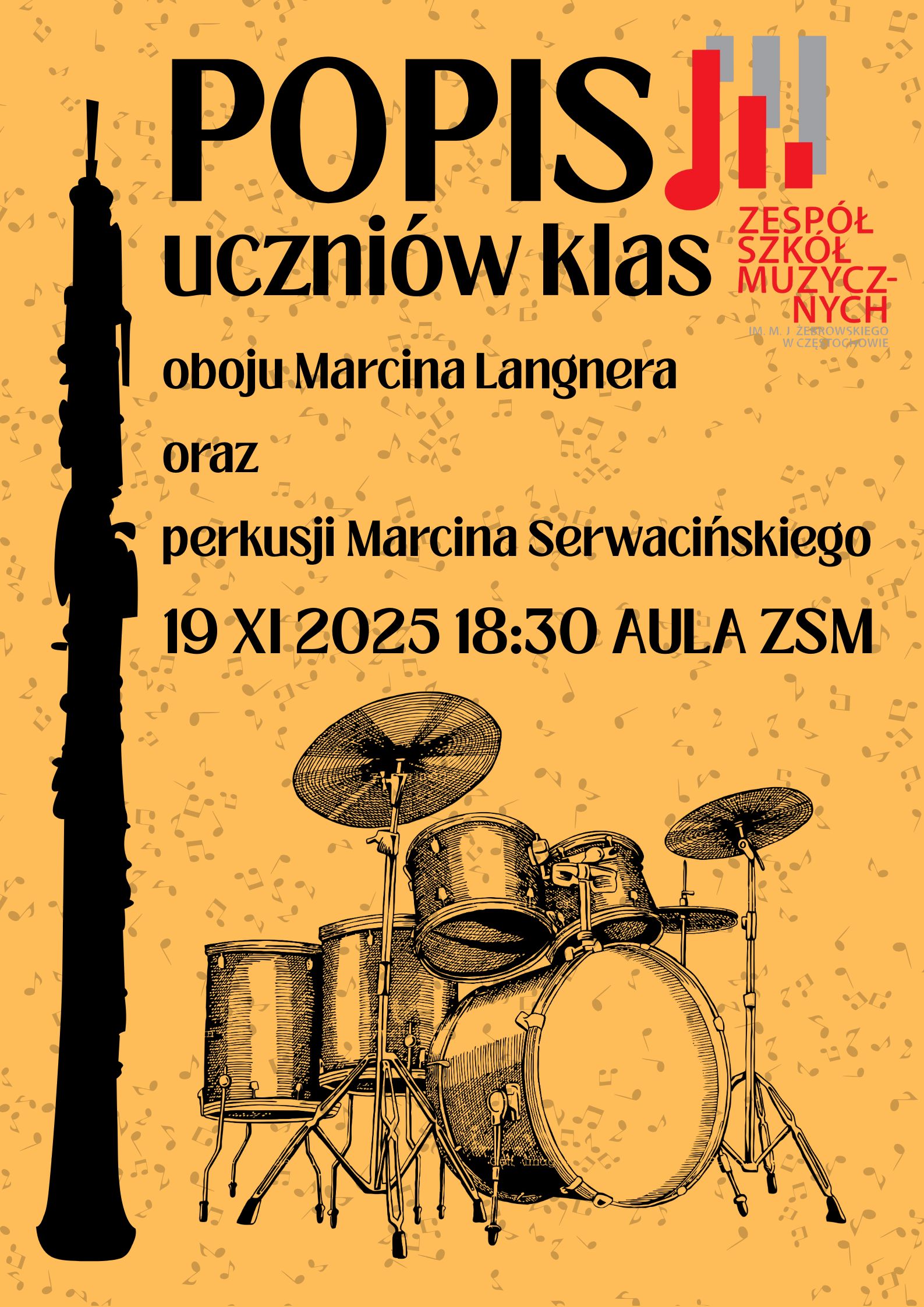Pomarańczowe tło, grafiki oboju i perkusji, logo szkoły, tekst dotyczący popisu klasy oboju i perkusji 19 listopada o godz. 18.30