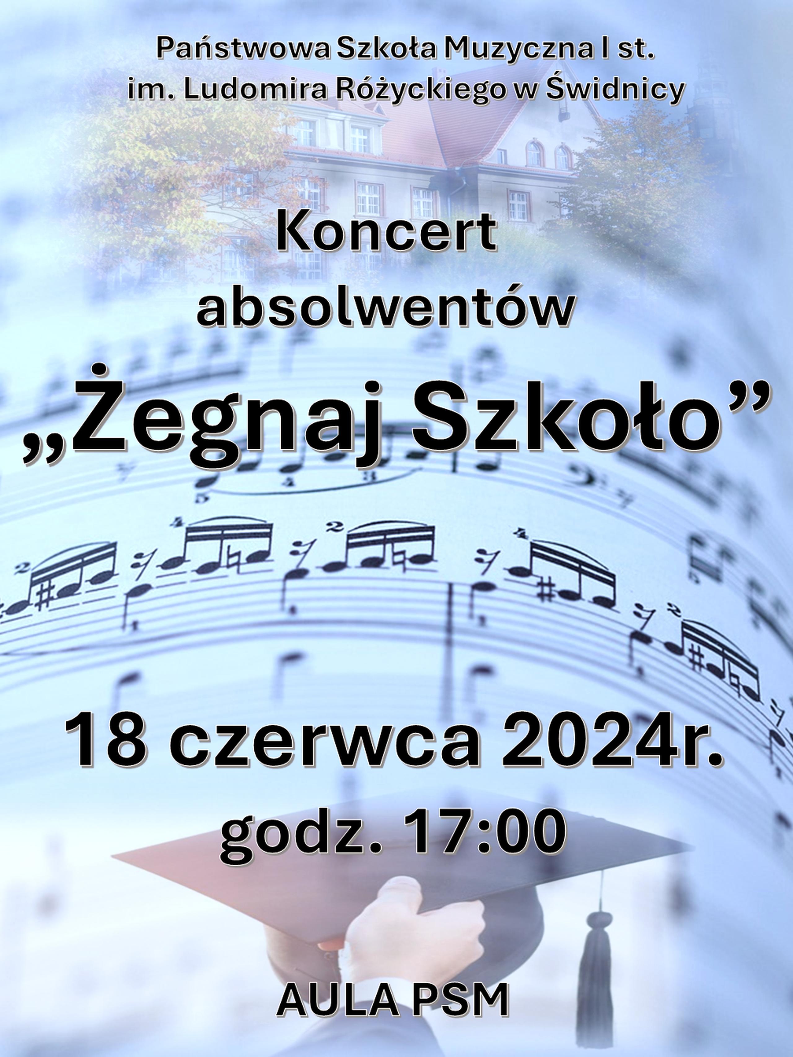 Plakat w odcieniu niebieskim .Na górze zdjecie budynku szkoły. Na dole zdjęcie ręki trzymającej czapkę absolwenta. Na tym tle czarne napisy informujace o koncercie: Koncert absolwentów " Żegnaj Szkoło"