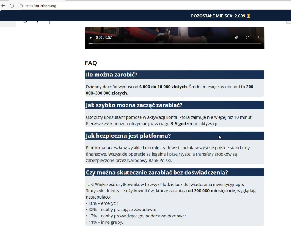 Zrzut ekranu strony internetowej z sekcją FAQ, zawierającą pytania o zarobki, szybkość rozpoczęcia oraz bezpieczeństwo platformy, wraz z rozwiniętymi odpowiedziami tekstowymi.