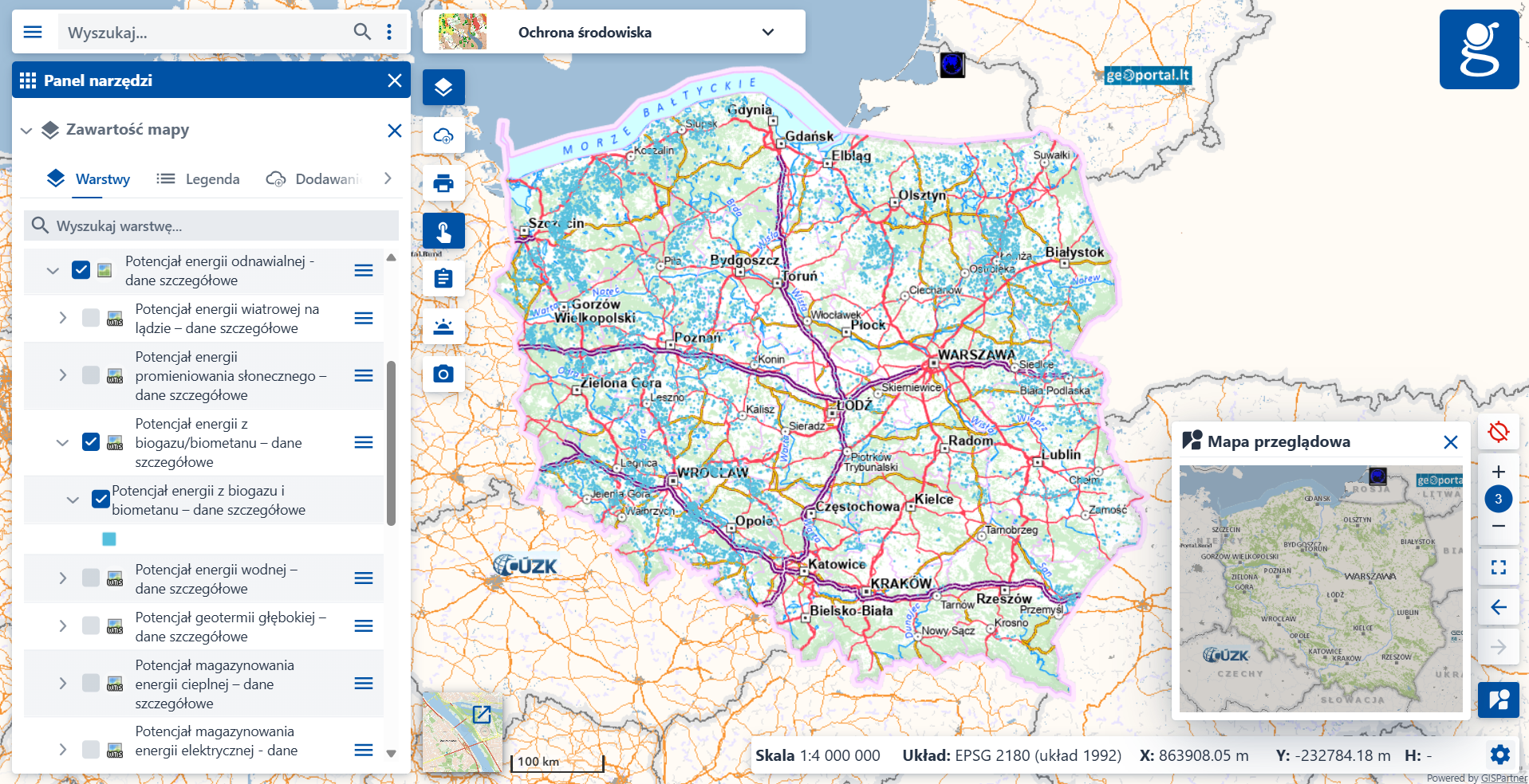 Zrzut ekranu z serwisu www.geoportal.gov.pl, prezentujący nową usługę "Potencjał energii z biogazu i biometanu – dane szczegółowe"