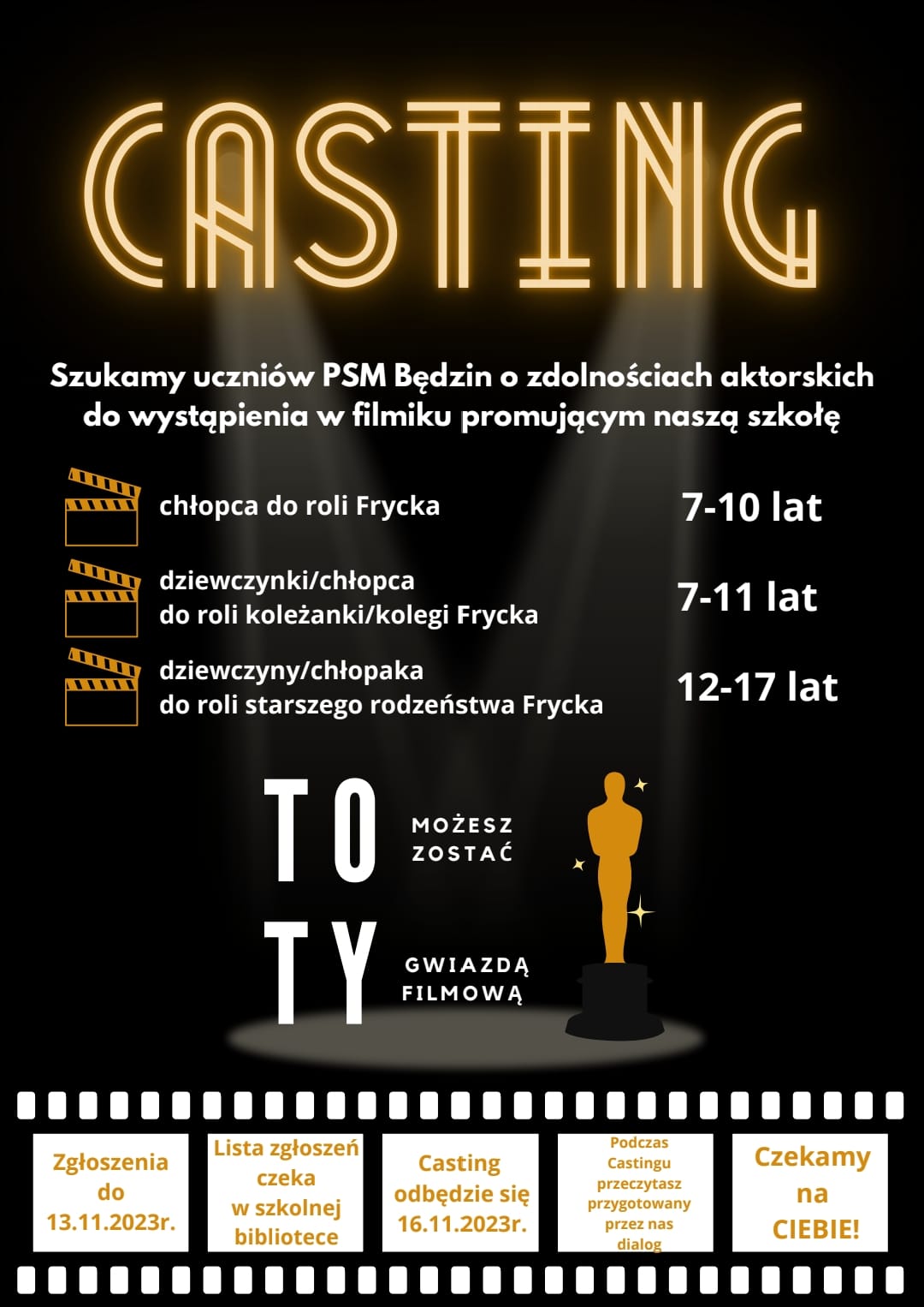 plakat na czarnym tle, na dole harmonogram zdarzeń w ikonach klatek zdjęciowych, na środku i u góry informacja o szczegółach